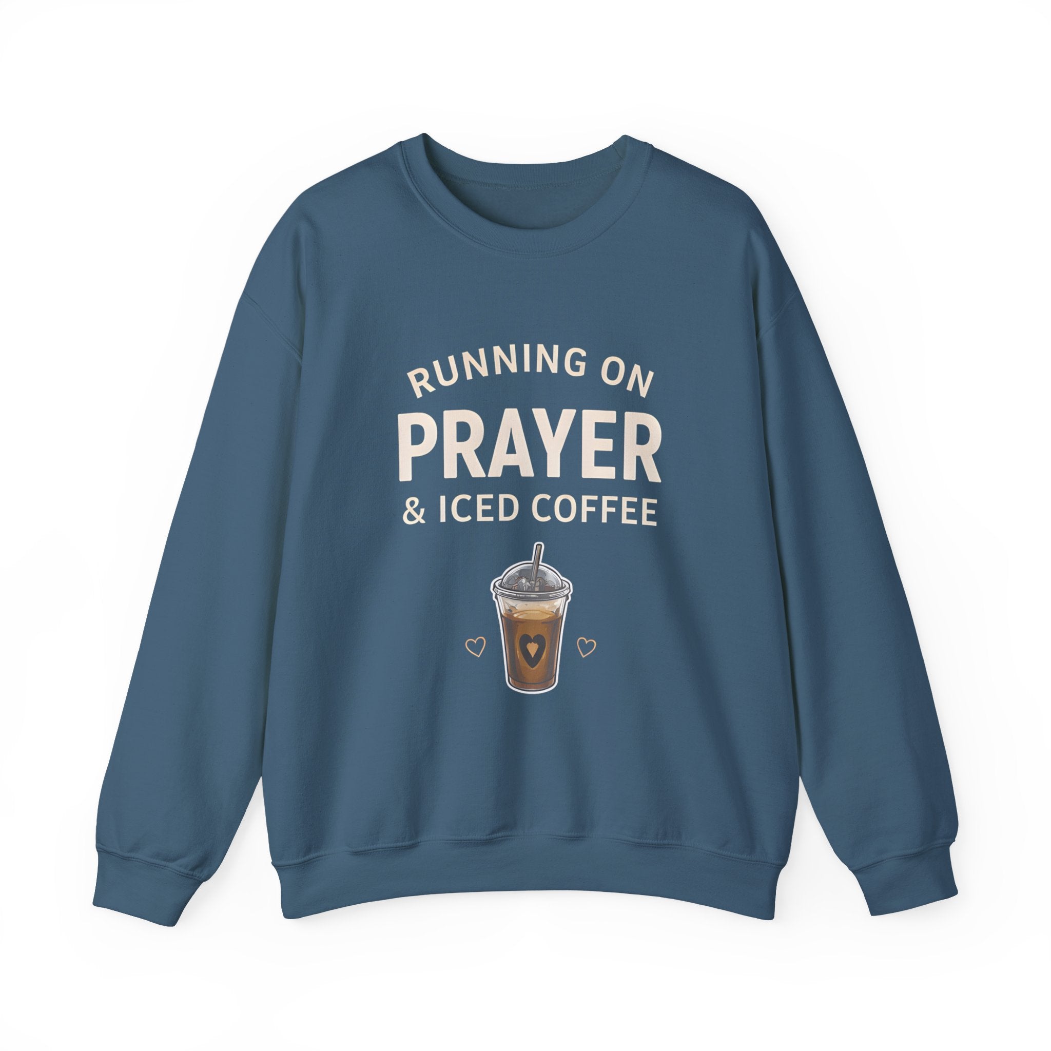 Womens Sweatshirt – "Running on Prayer & Iced Coffee" Crewneck