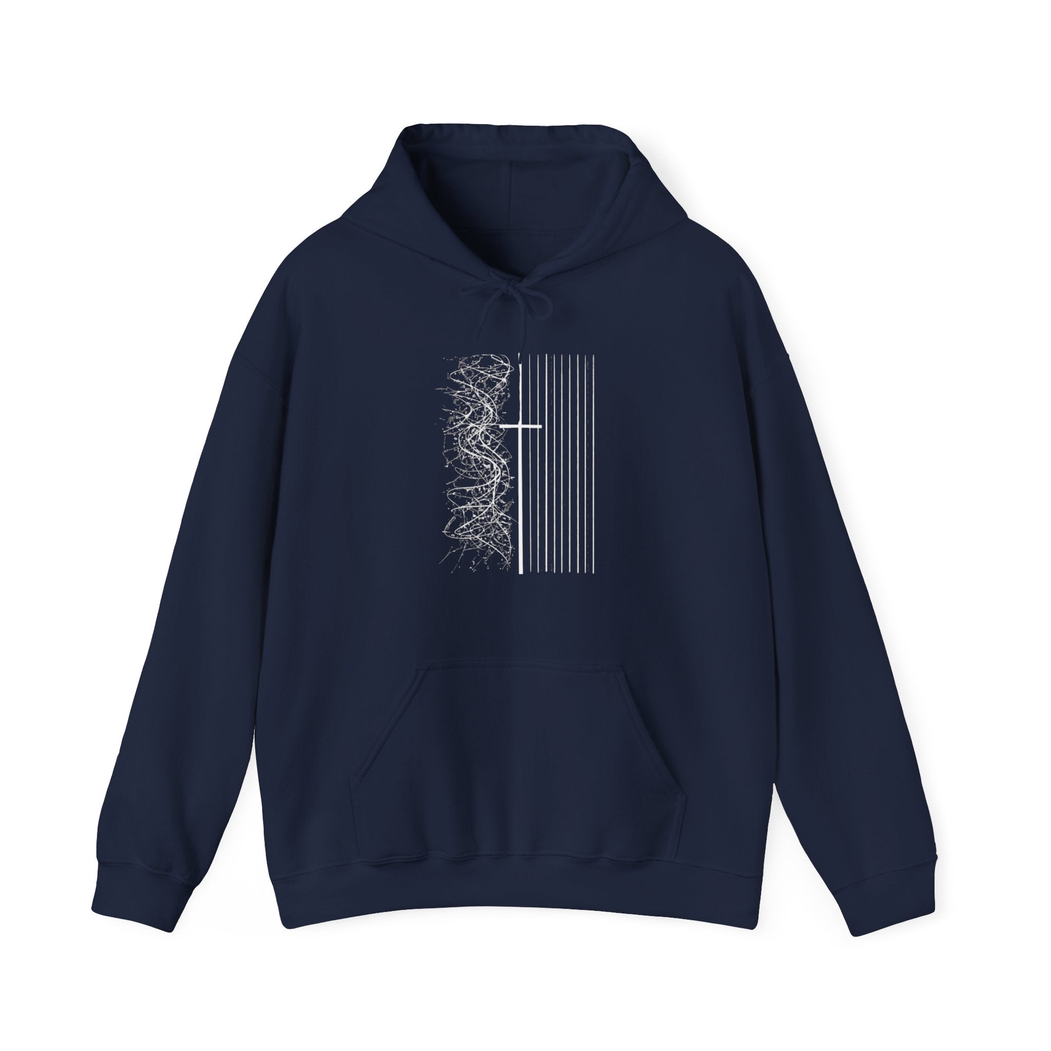 Mens Minimalist Cross Lines Hoodie — Modern Christian Graphic Pullover