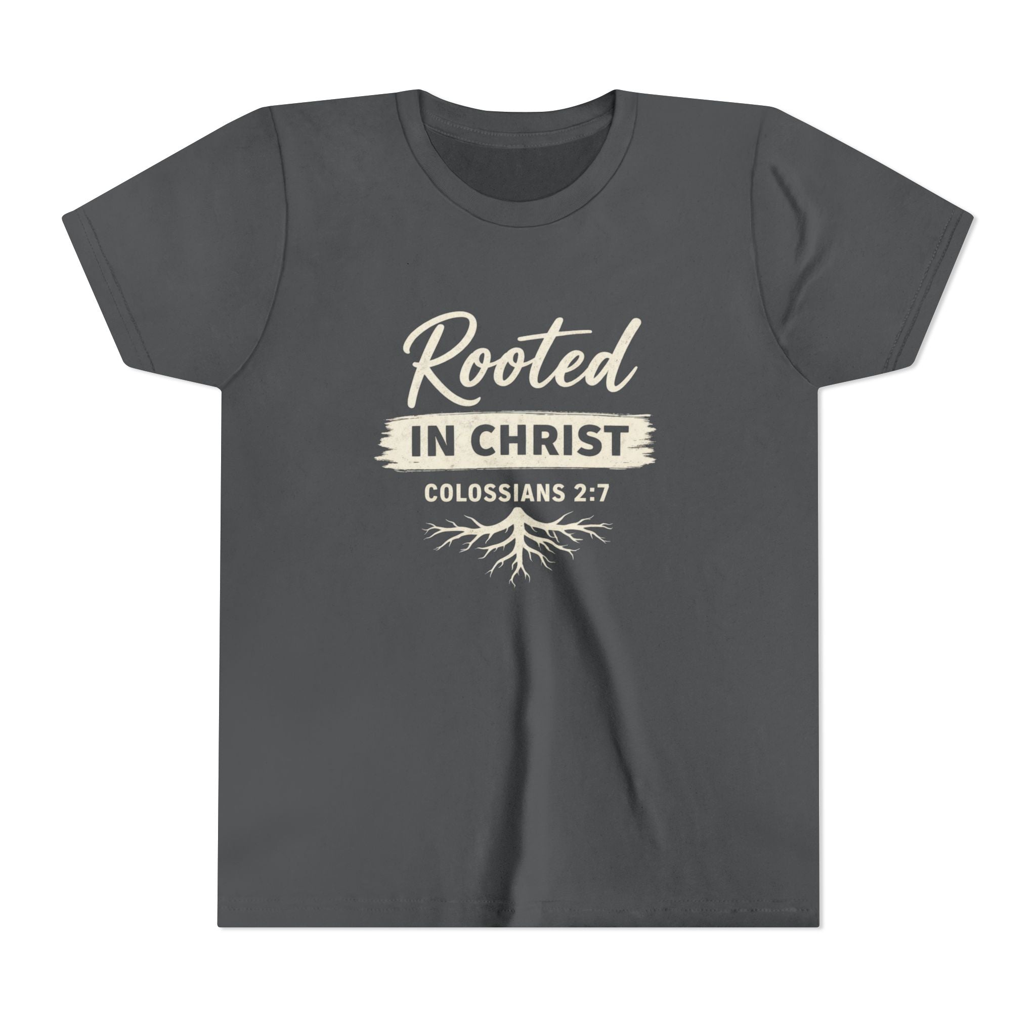 Girls Youth Tee - "Rooted in Christ" Colossians 2:7 Christian Kids Shirt