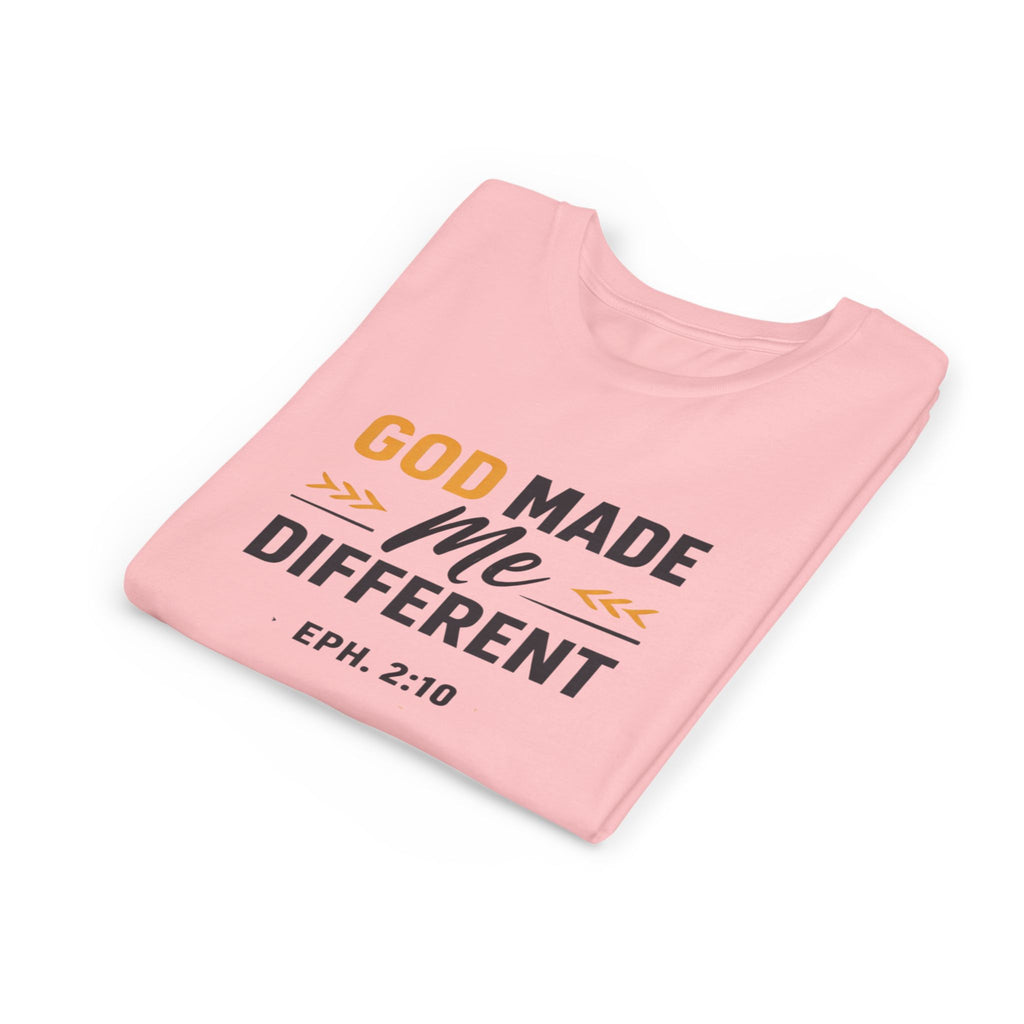 Girls Youth Tee – "God Made Me Different" Christian Kids T‑Shirt (Eph. 2:10)