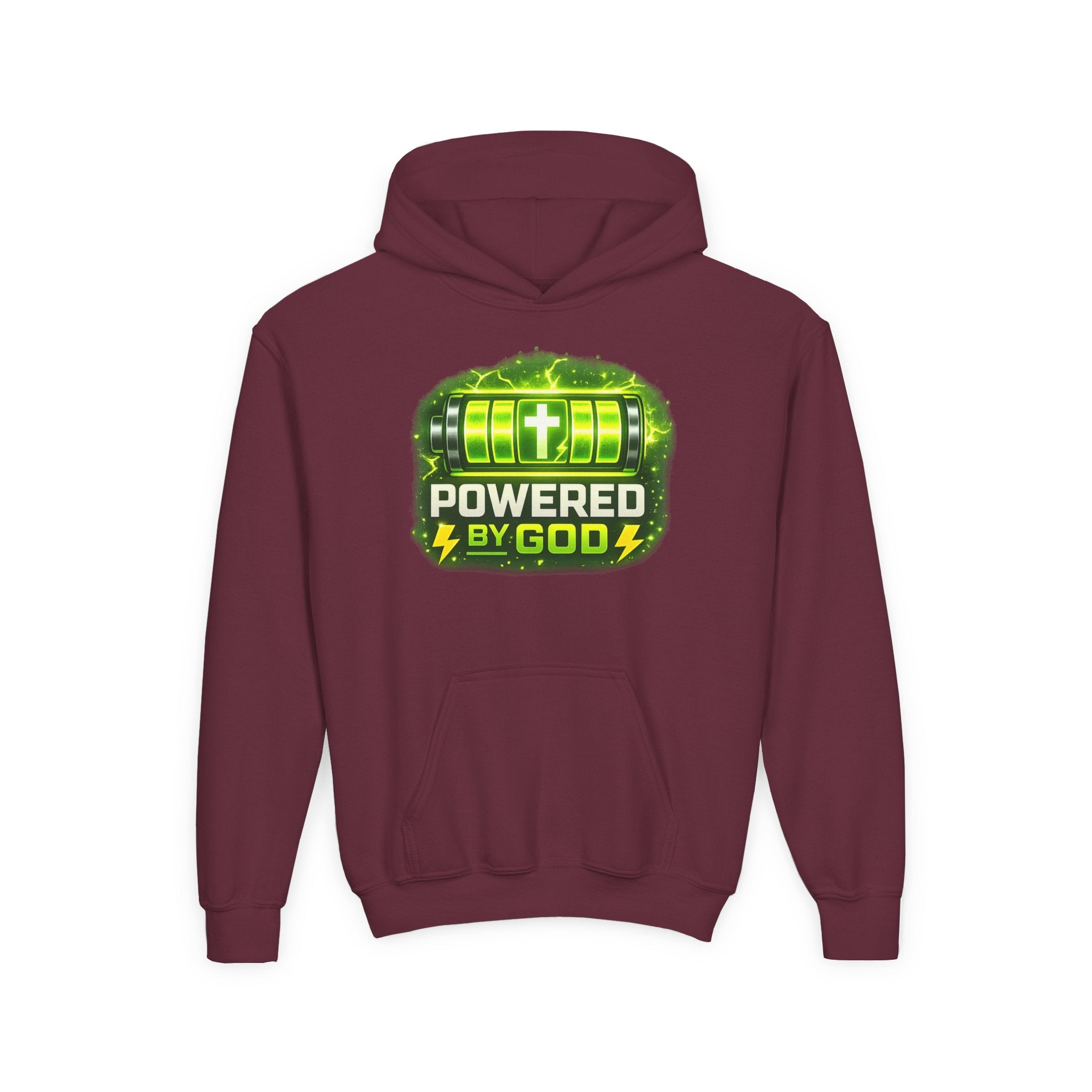 Youth Hoodie — "Powered by God" Green Battery Christian Sweatshirt