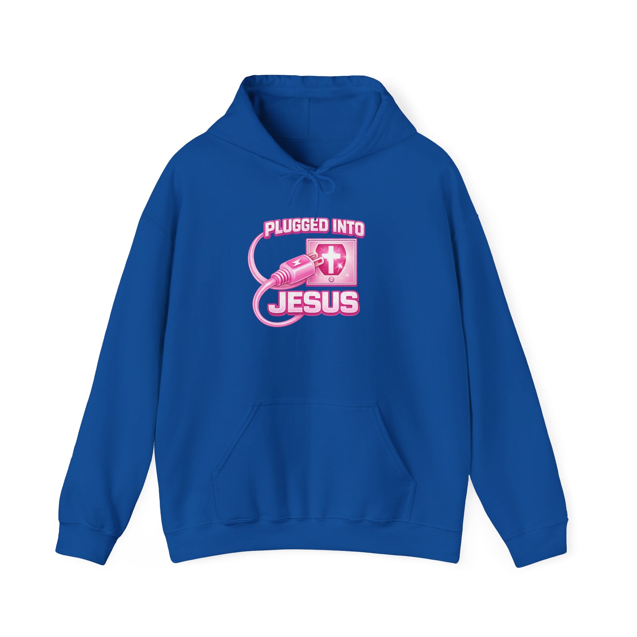 Plugged Into Jesus Hoodie — Pink Christian Faith Graphic Sweatshirt