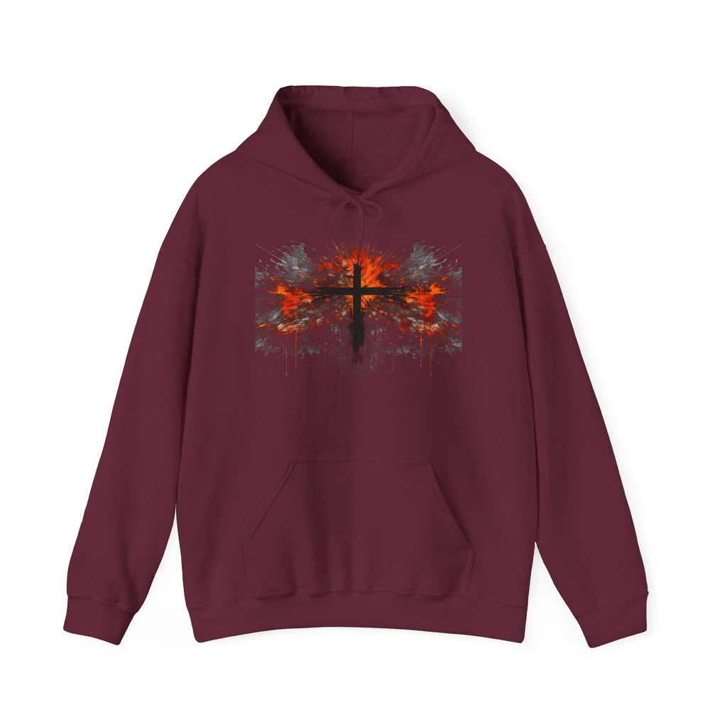 Mens Christian Cross Hoodie — Grunge Red & Black Faith Pullover