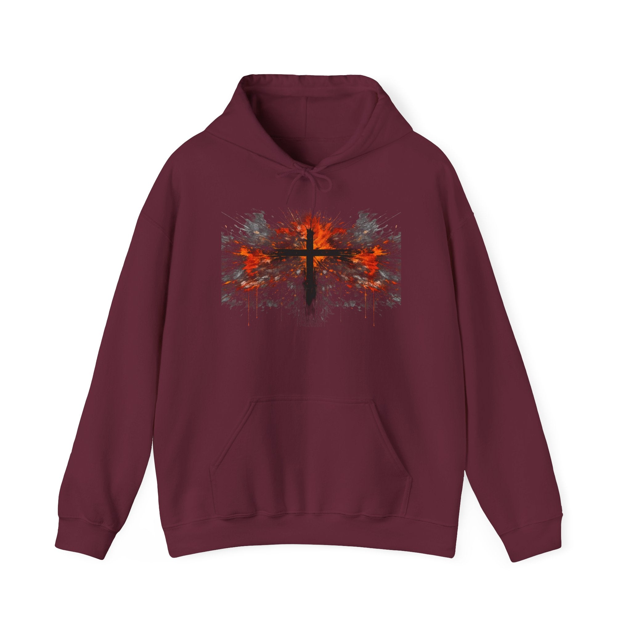 Mens Christian Cross Hoodie — Grunge Red & Black Faith Pullover