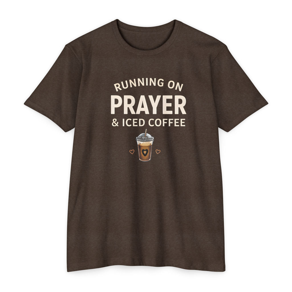 Prayer & Iced Coffee T-Shirt — "Running on Prayer & Iced Coffee" Christian Coffee Tee