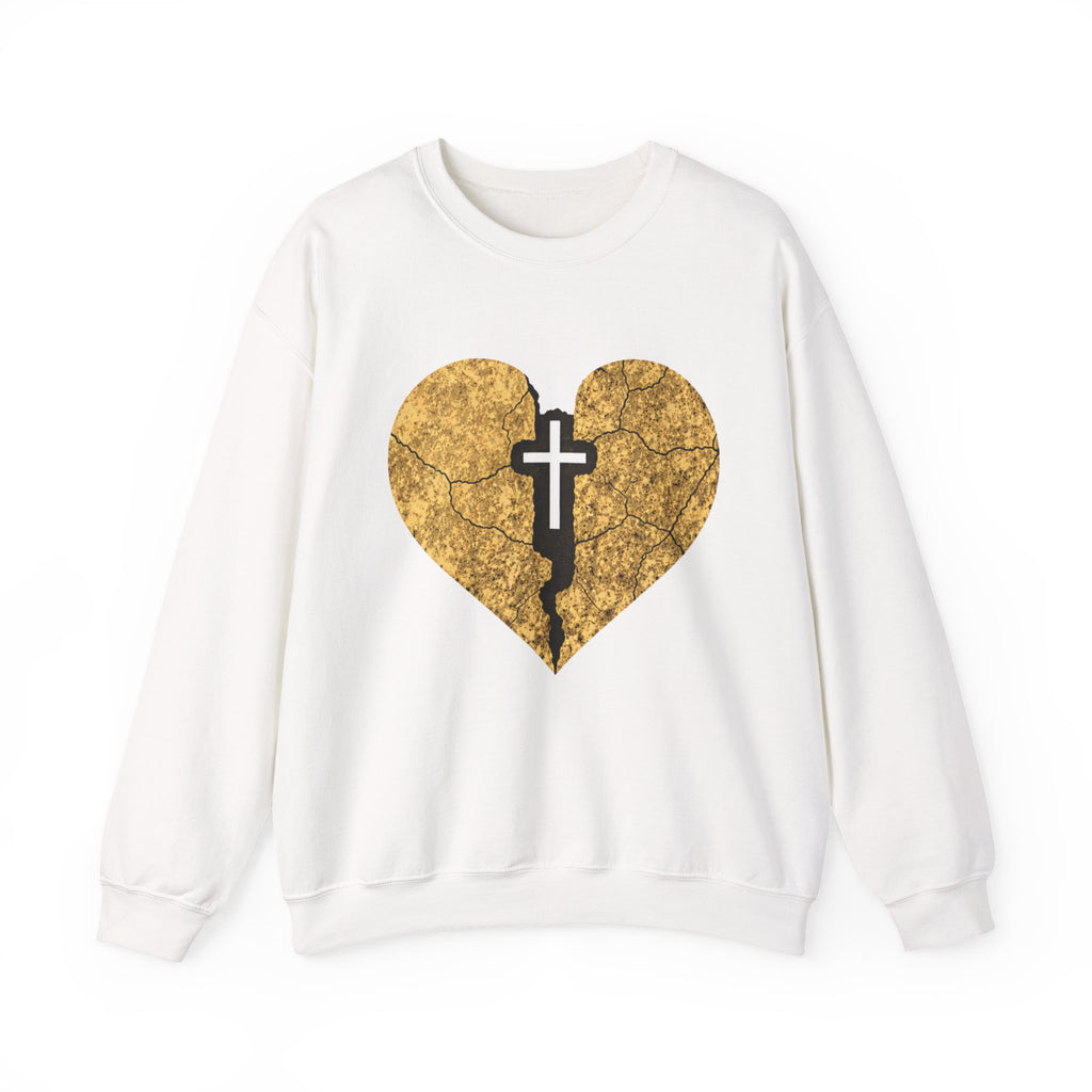 Womens Heart Crack Cross Crewneck Sweatshirt — Gold Distressed Christian Faith Pullover