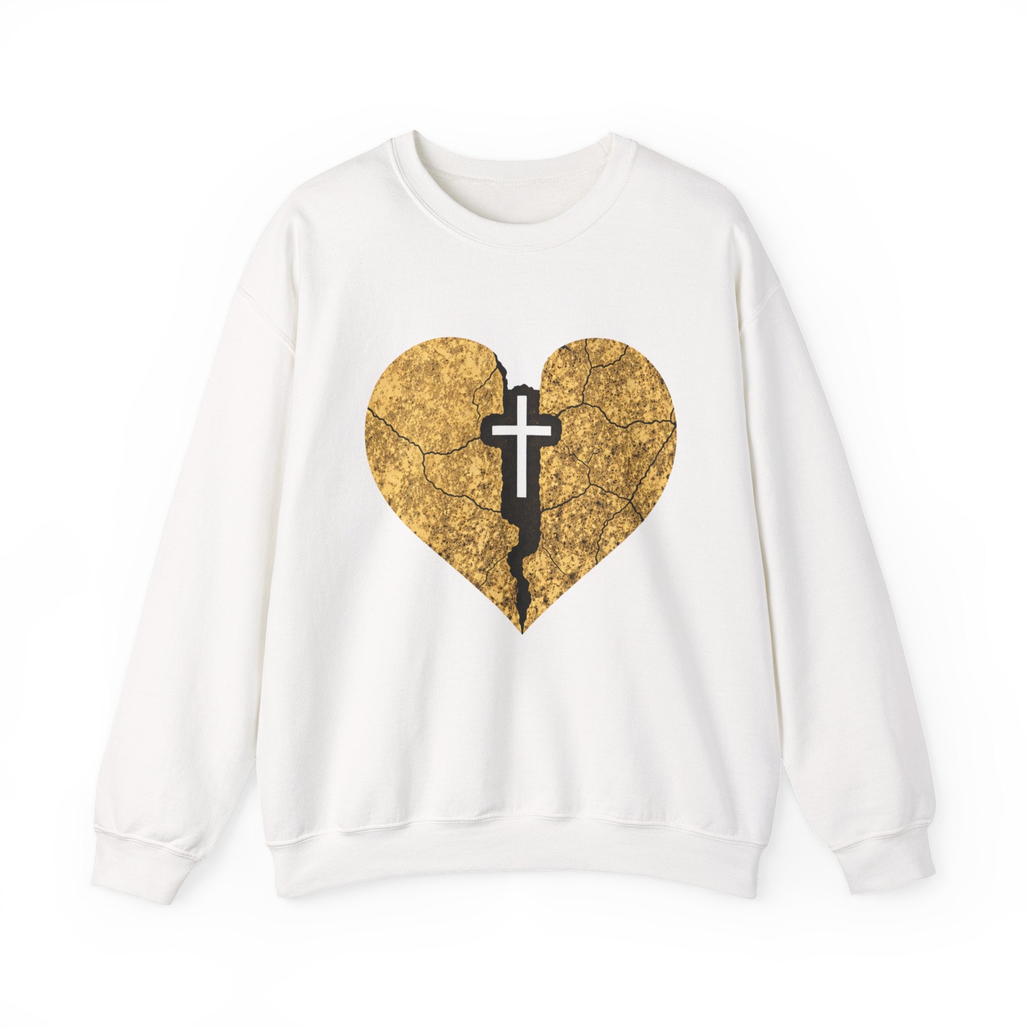 Womens Heart Crack Cross Crewneck Sweatshirt — Gold Distressed Christian Faith Pullover