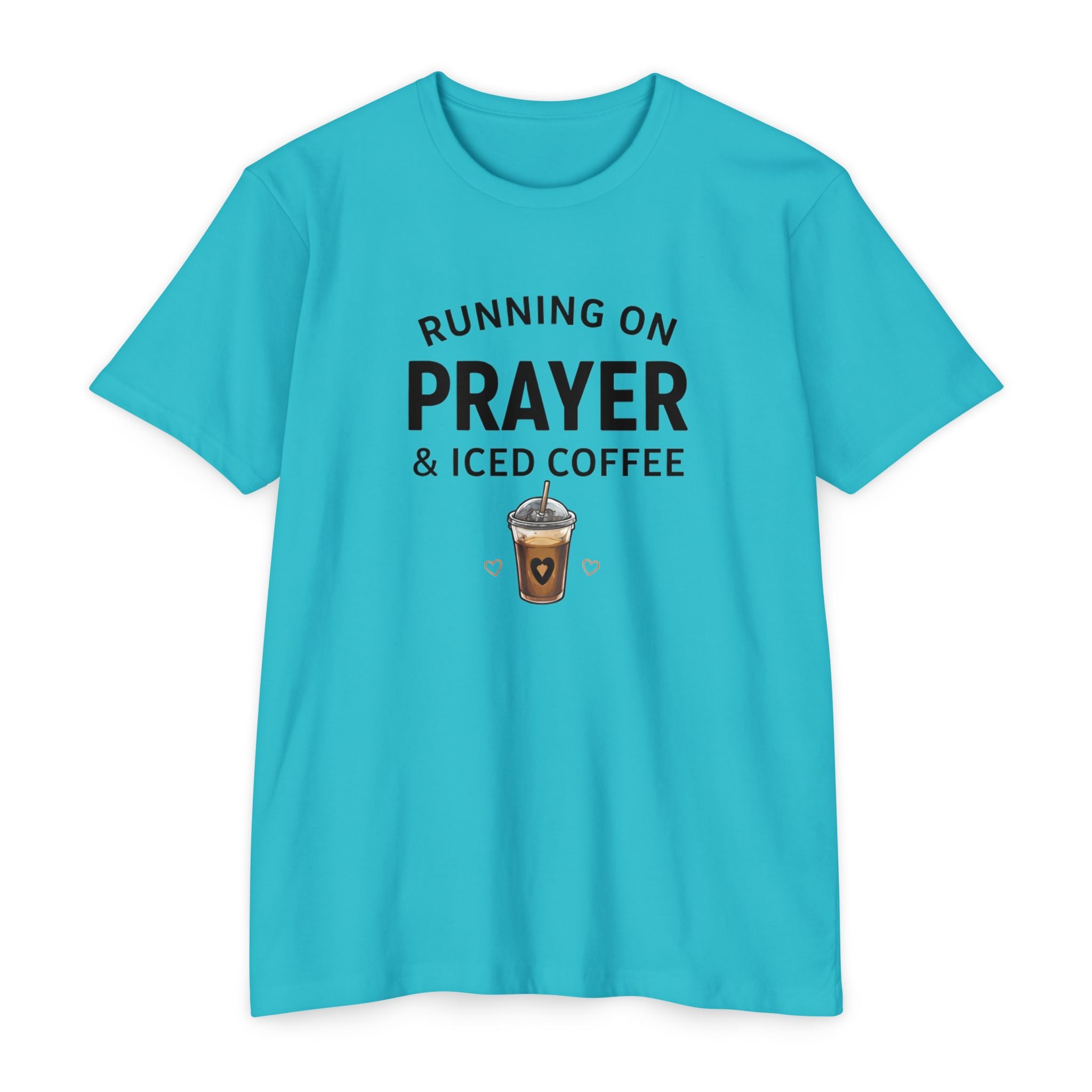 Prayer & Iced Coffee T-Shirt — "Running on Prayer & Iced Coffee" Christian Coffee Tee