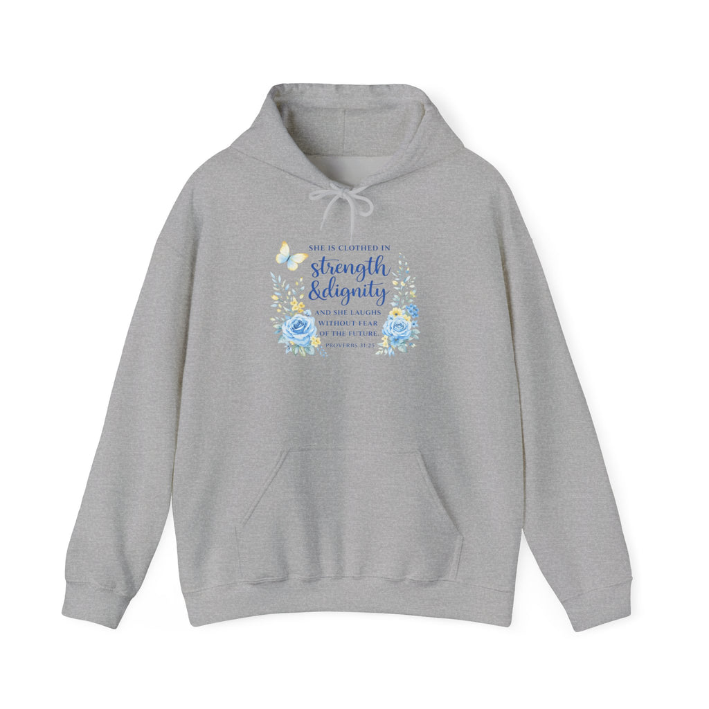 Womens Inspirational Floral Hoodie — "Strength & Dignity" Scripture Sweatshirt