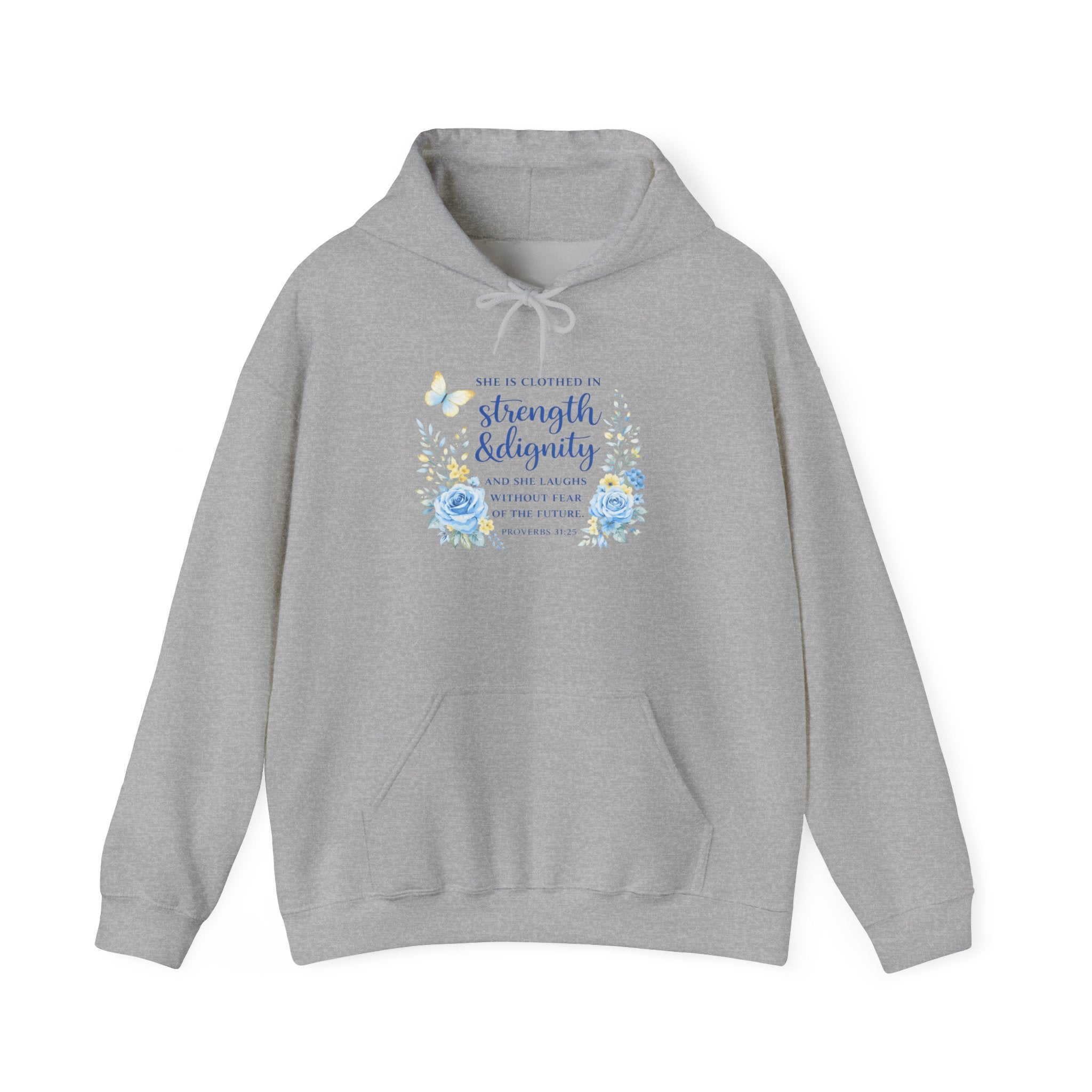 Womens Inspirational Floral Hoodie — "Strength & Dignity" Scripture Sweatshirt