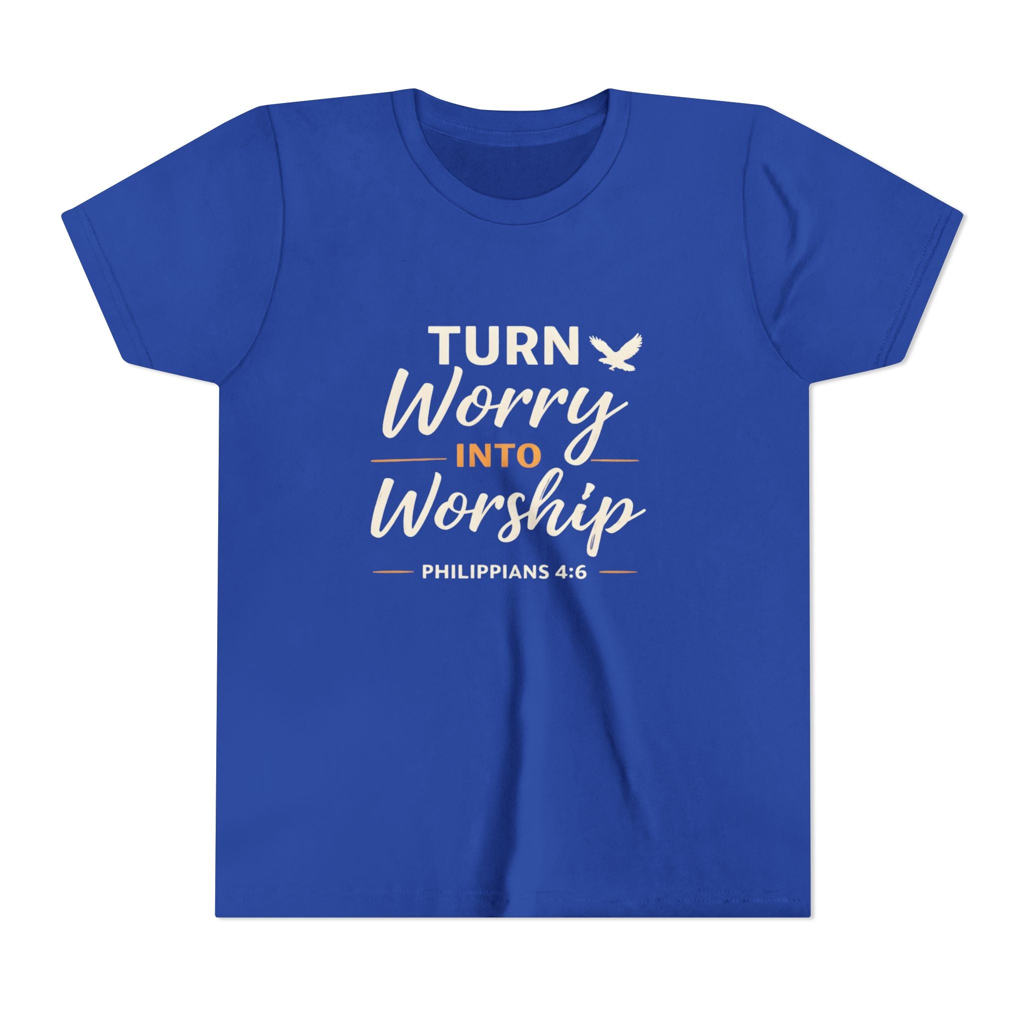 Girls Youth Tee - "Turn Worry Into Worship" Philippians 4:6 Christian Kids Shirt