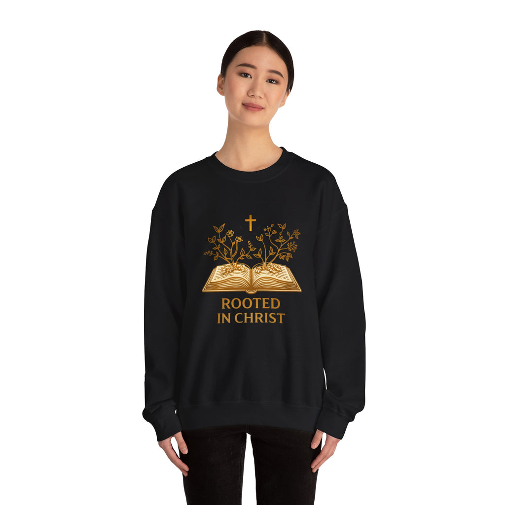 Womens Rooted in Christ Sweatshirt — Christian Faith Bible Graphic Crewneck