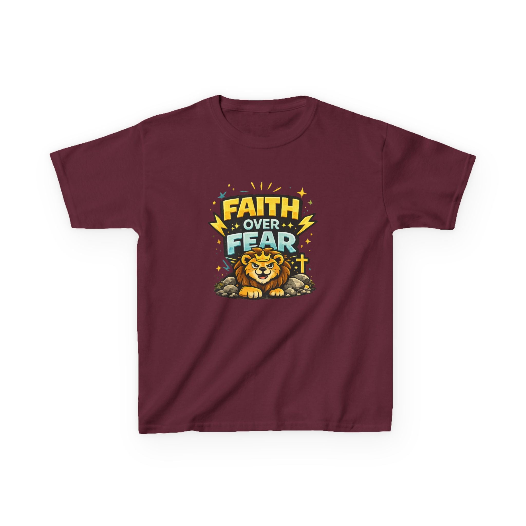Kids Tee — "Faith Over Fear" Lion Graphic Christian Shirt