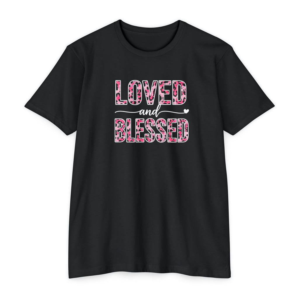 Womens Loved & Blessed floral script T-shirt | rose wreath design