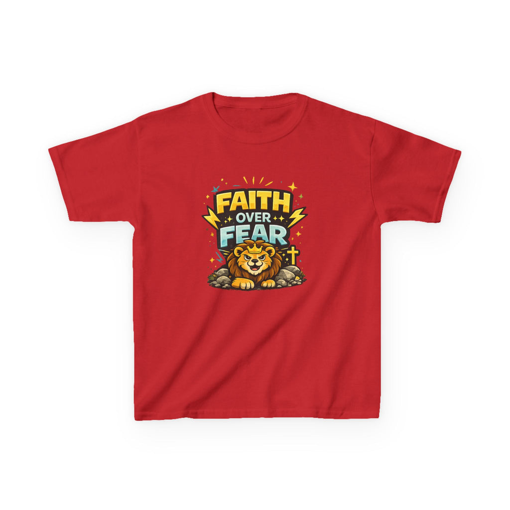 Kids Tee — "Faith Over Fear" Lion Graphic Christian Shirt
