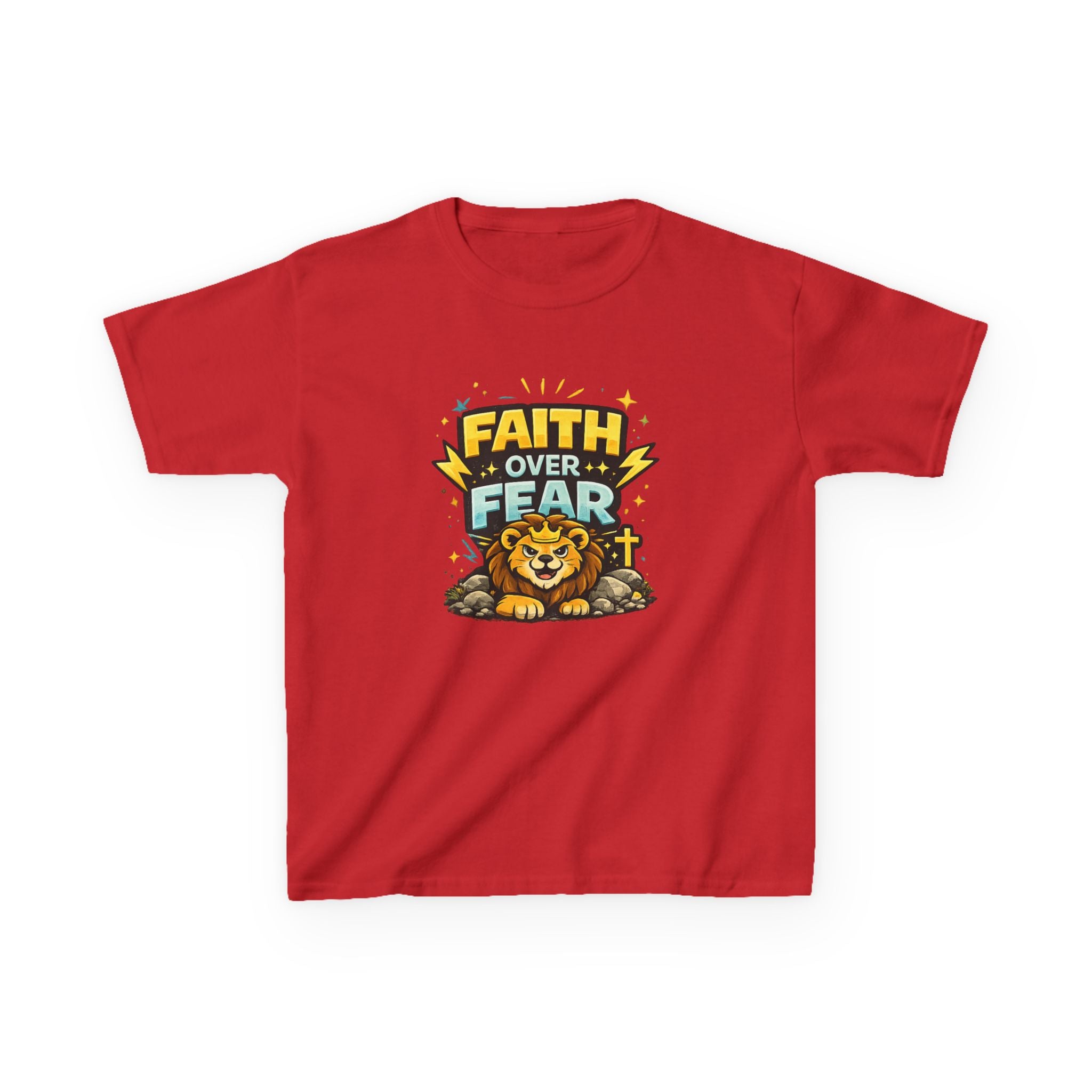 Kids Tee — "Faith Over Fear" Lion Graphic Christian Shirt