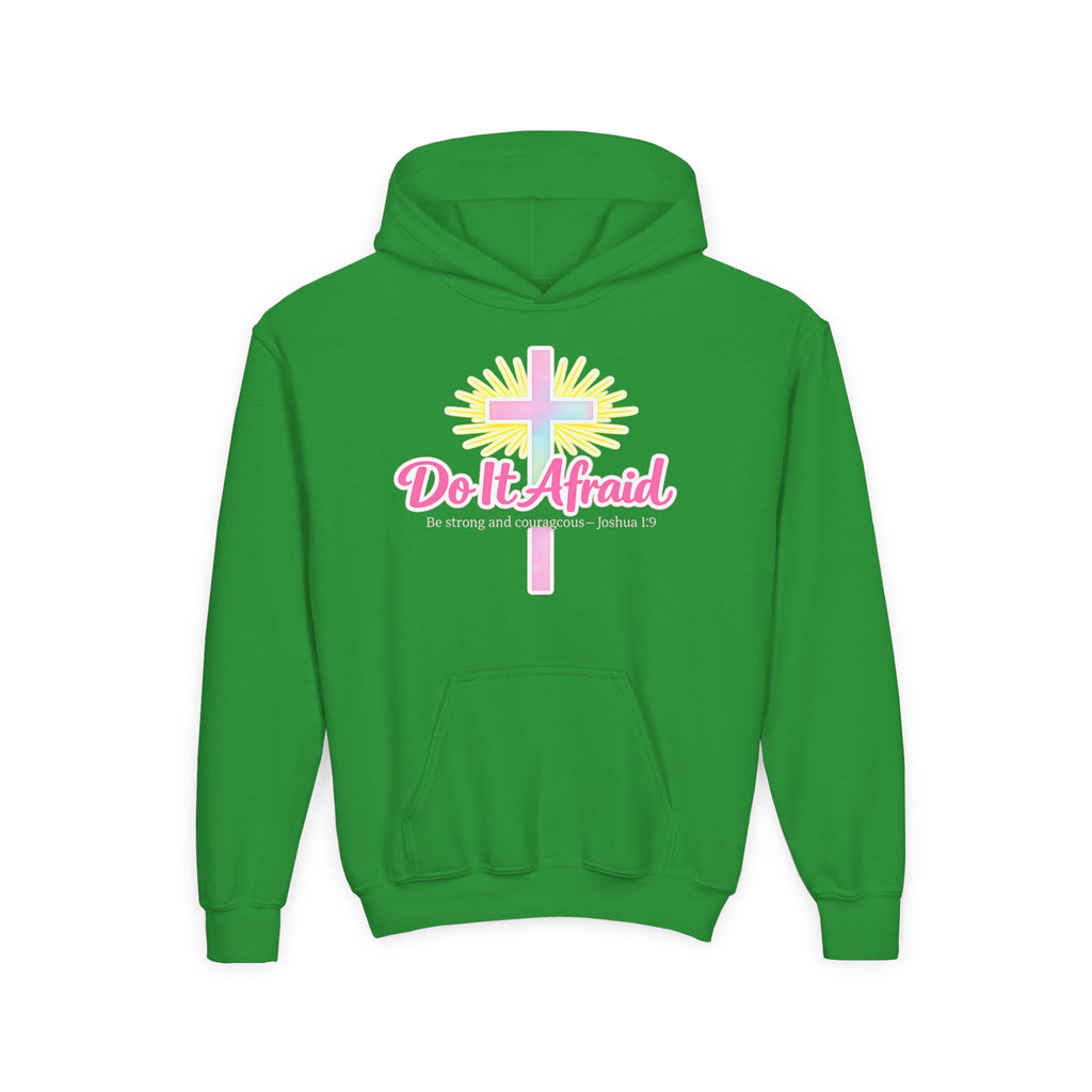 Youth Hoodie — "Do It Afraid" Christian Cross Inspirational Sweatshirt (Joshua 1:9)
