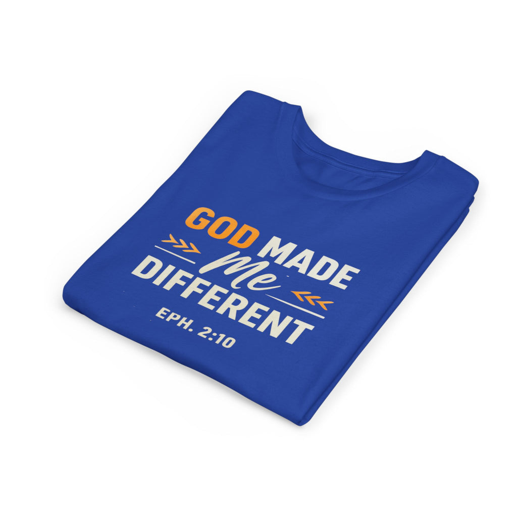 Girls Youth Tee – "God Made Me Different" Christian Kids T‑Shirt (Eph. 2:10)