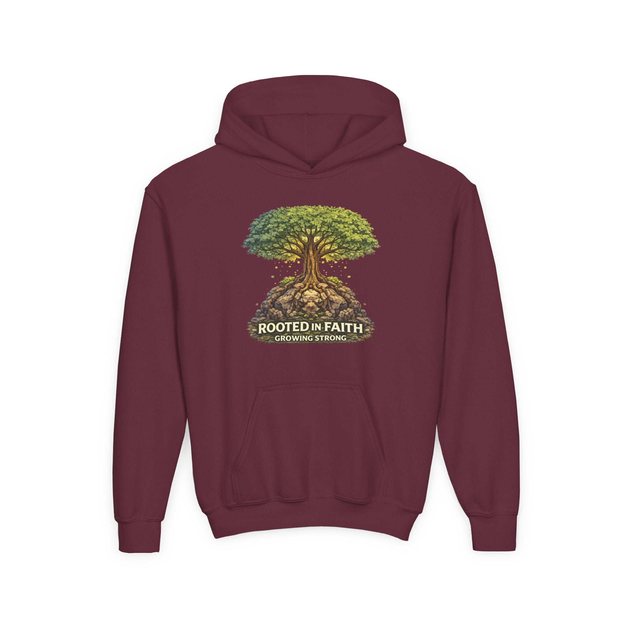 Rooted in Faith Youth Hoodie — Tree of Life Christian Sweatshirt