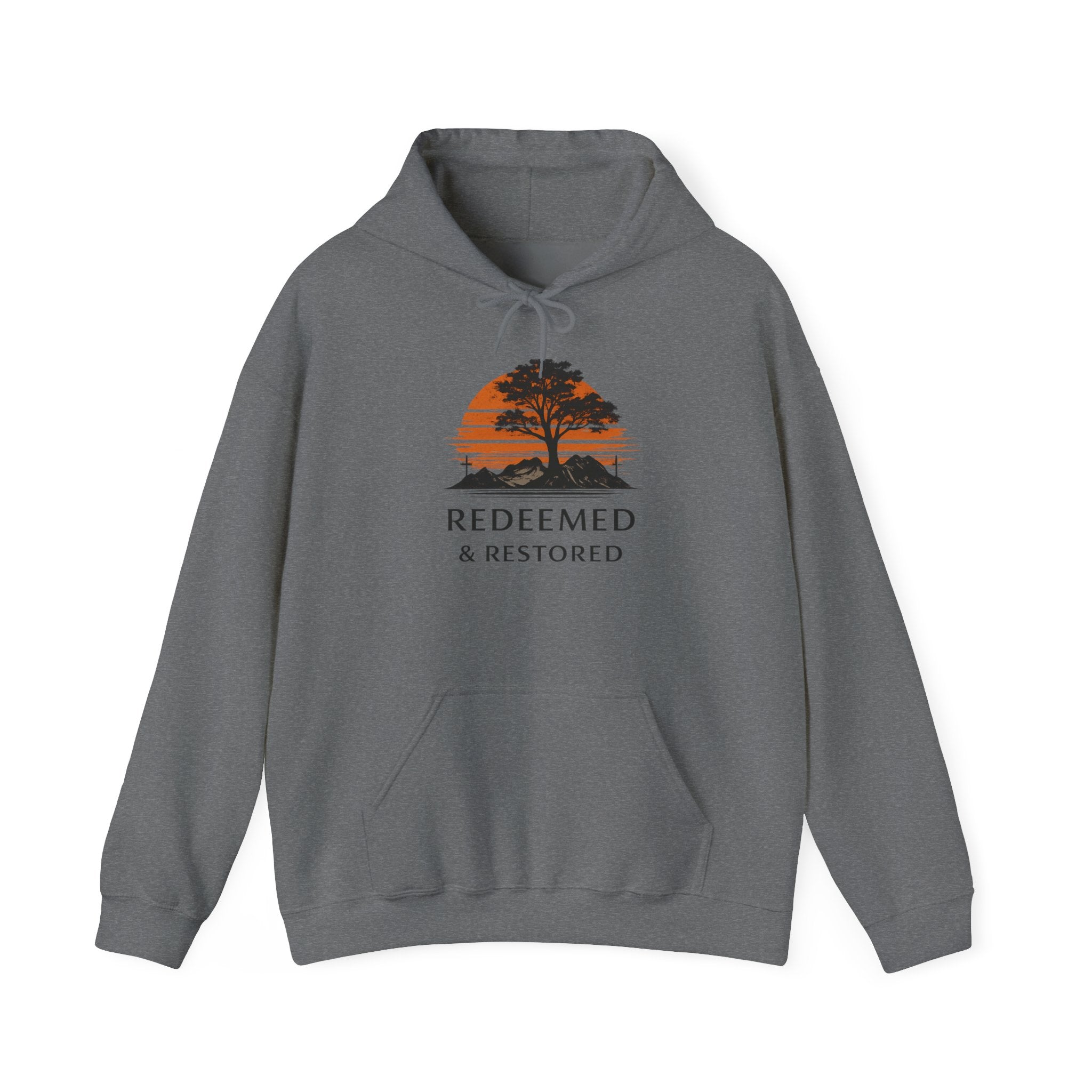 Redeemed & Restored Hoodie – Sunset Tree Faith Graphic Hooded Sweatshirt