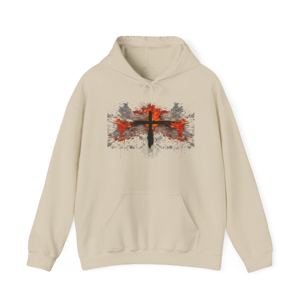 Mens Christian Cross Hoodie — Grunge Red & Black Faith Pullover