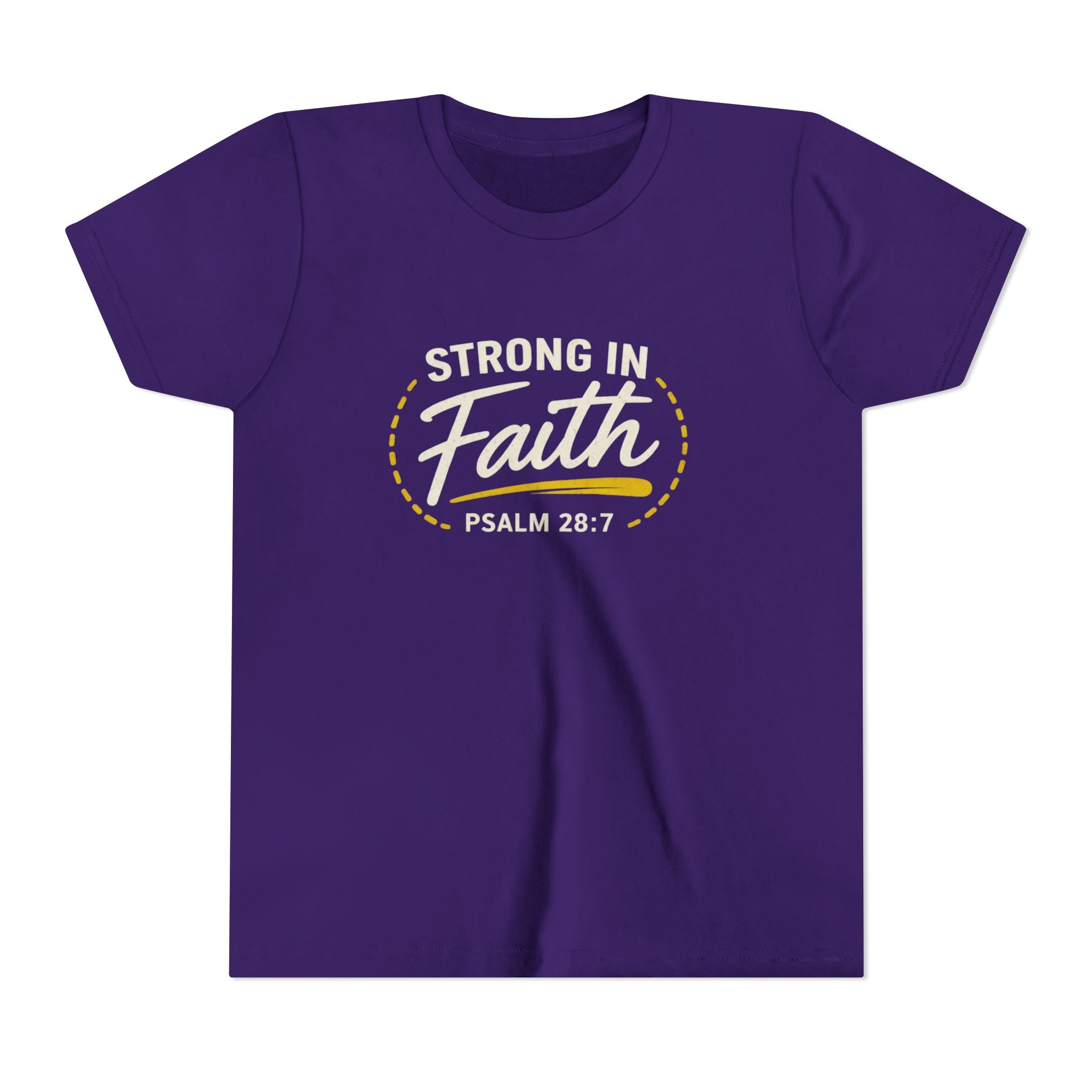 Youth Tee — "Strong in Faith" Psalm 28:7 Christian Kids T‑Shirt