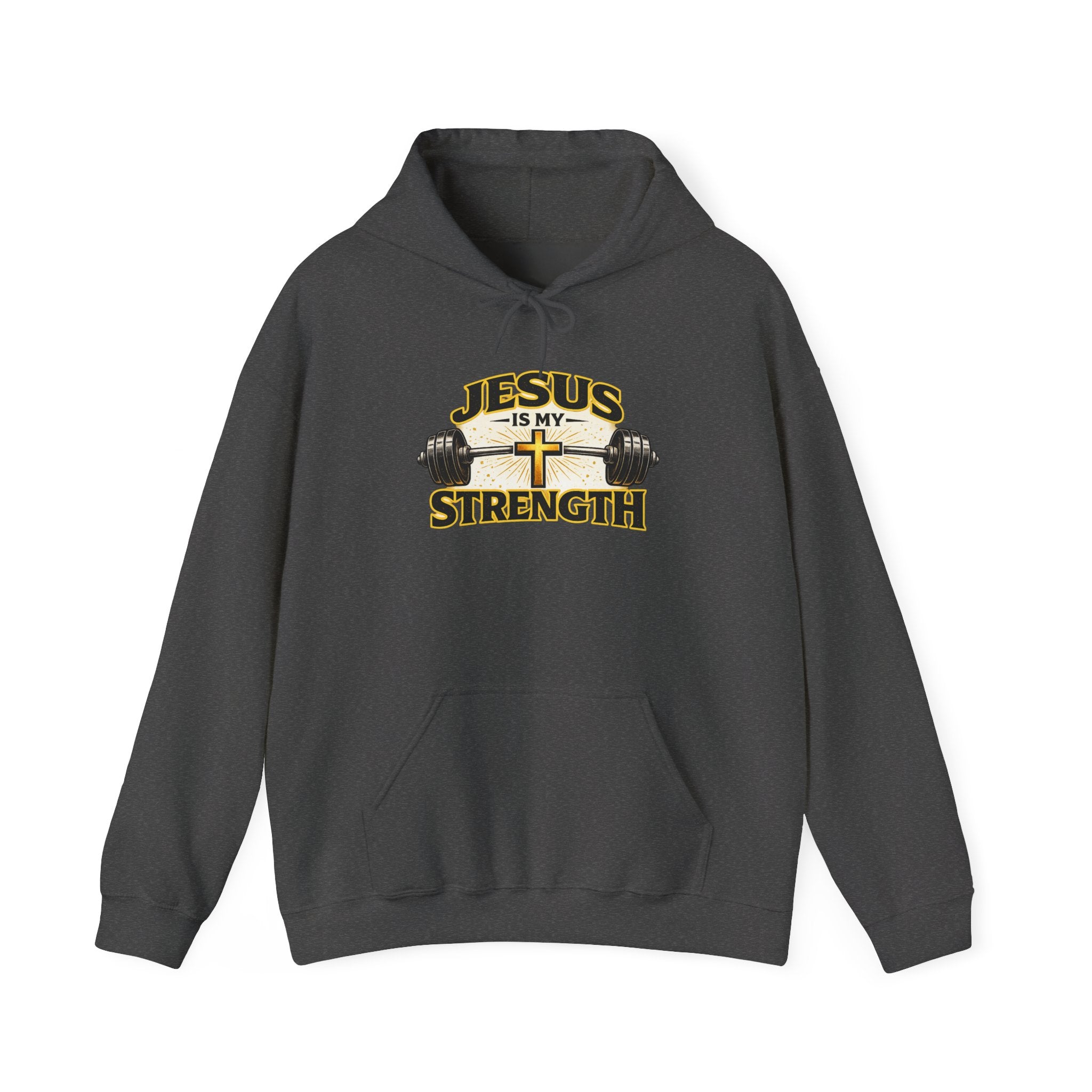 Mens Jesus Is My Strength Hoodie — Christian Faith Cross & Barbell Pullover