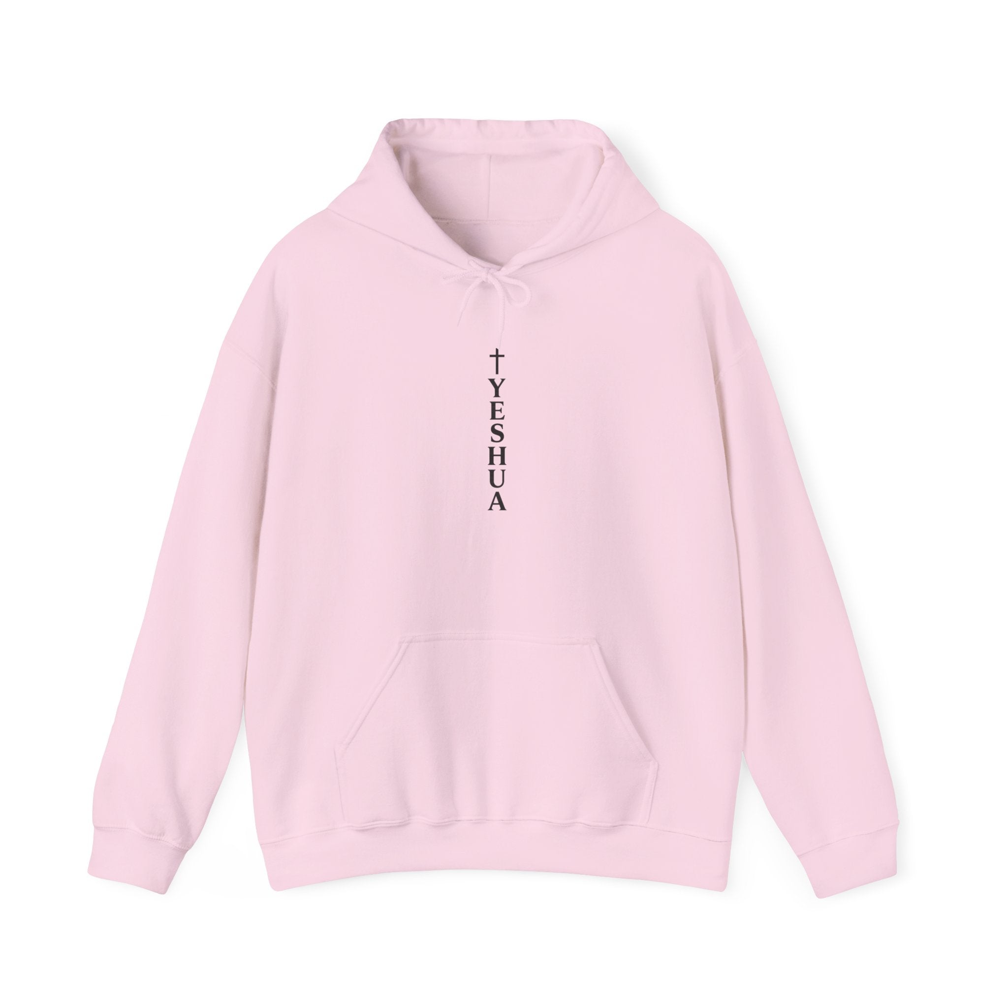 Mens Yeshua Vertical Cross Hoodie — Minimal Christian Faith Pullover