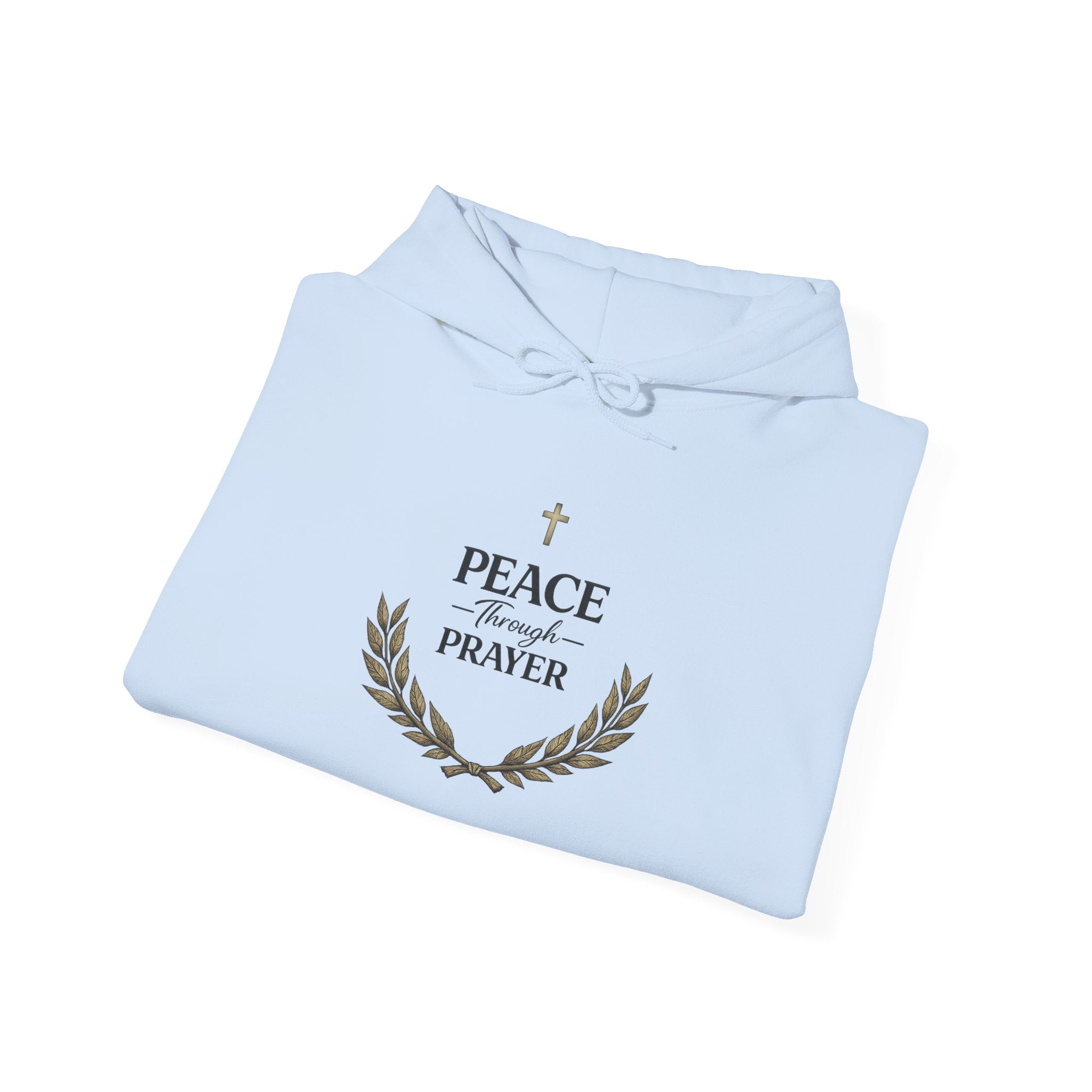 Mens Hoodie "Peace Through Prayer" Religious Laurel Cross Hoodie