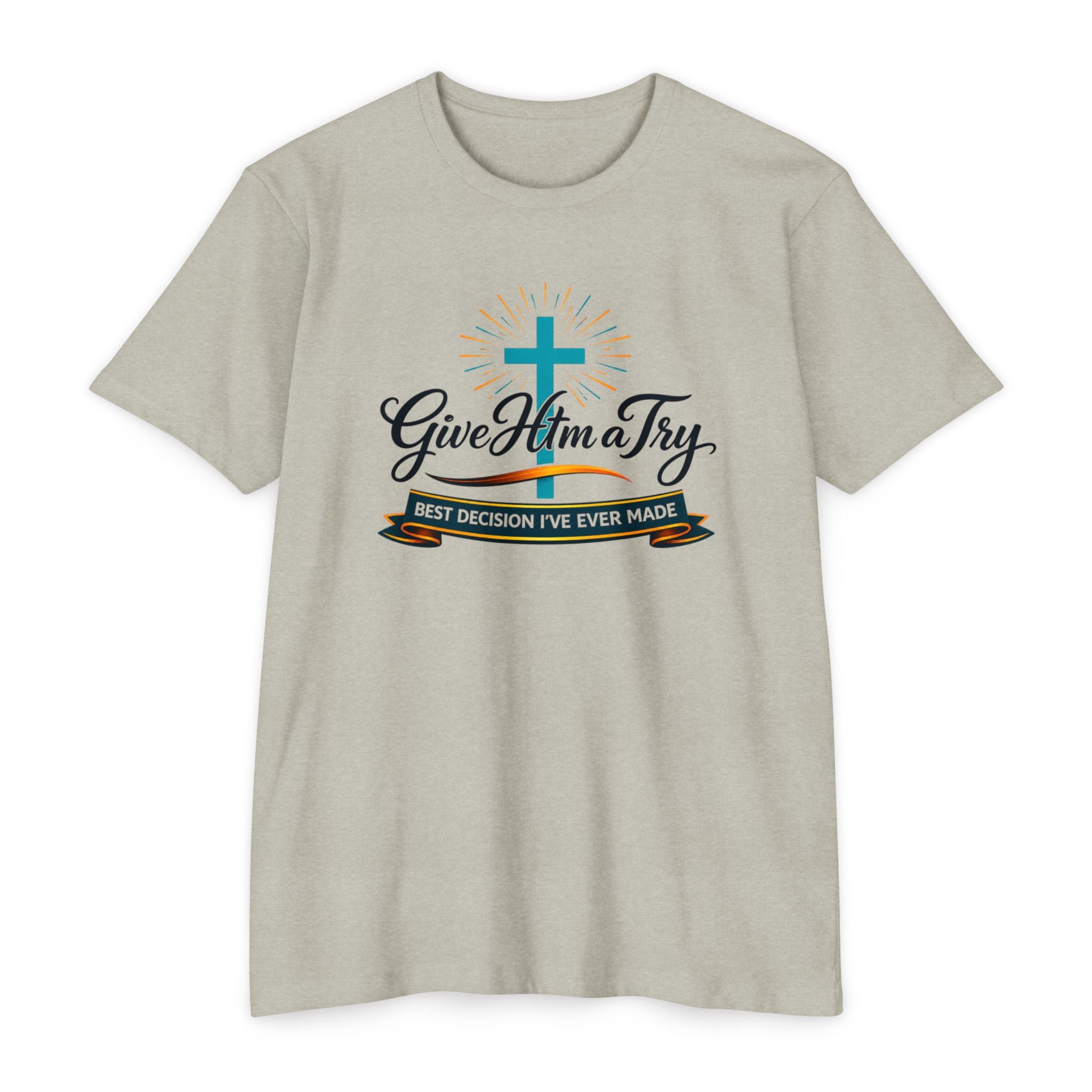 Womens Give Him a Try cross design T-Shirt | Christian faith shirt