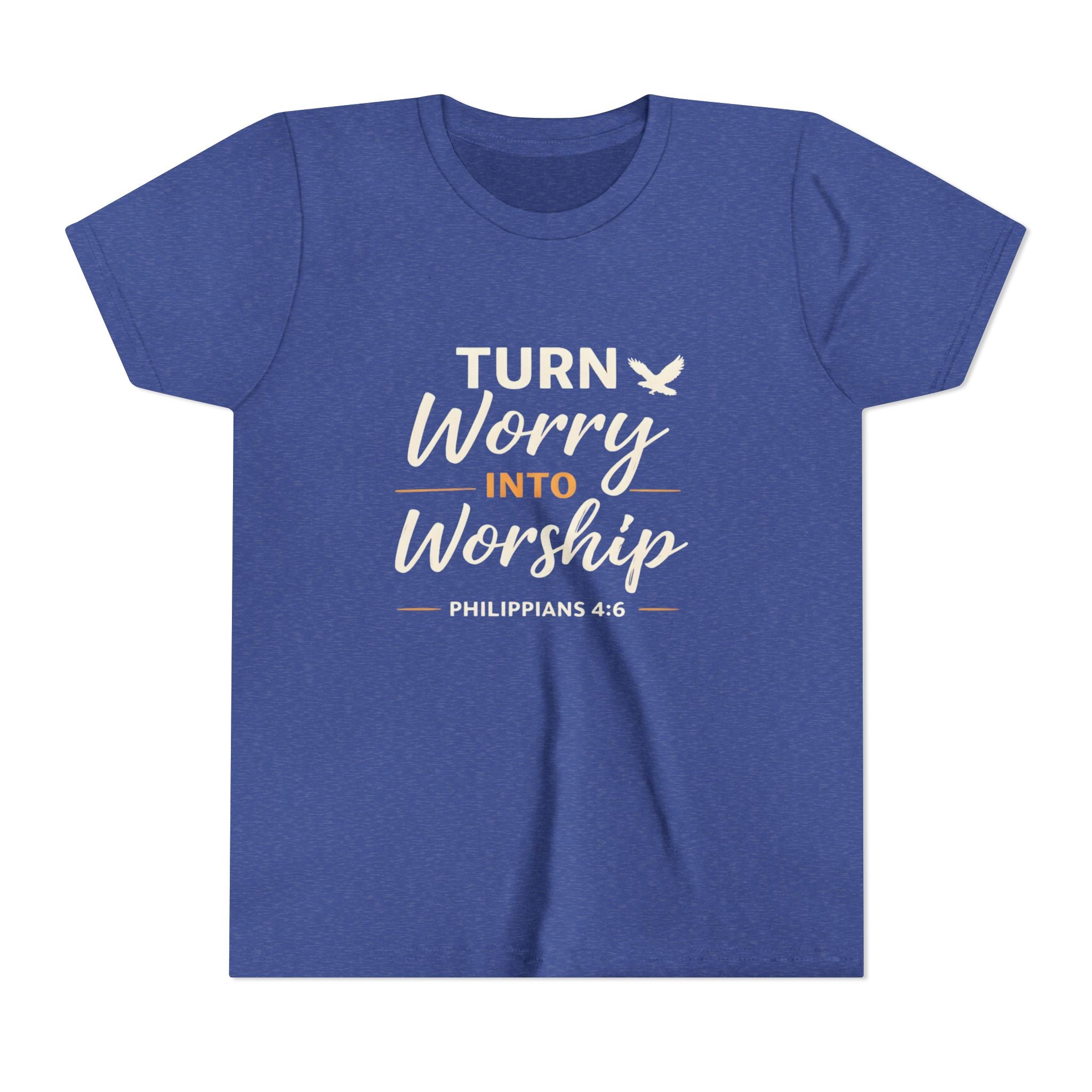 Boys Youth Tee - "Turn Worry Into Worship" Philippians 4:6 Christian Kids Shirt