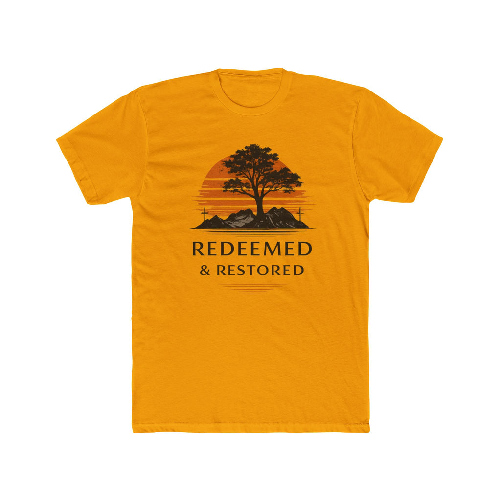 Redeemed & Restored Tee — Faith-Inspired Tree Sunset Graphic T-Shirt