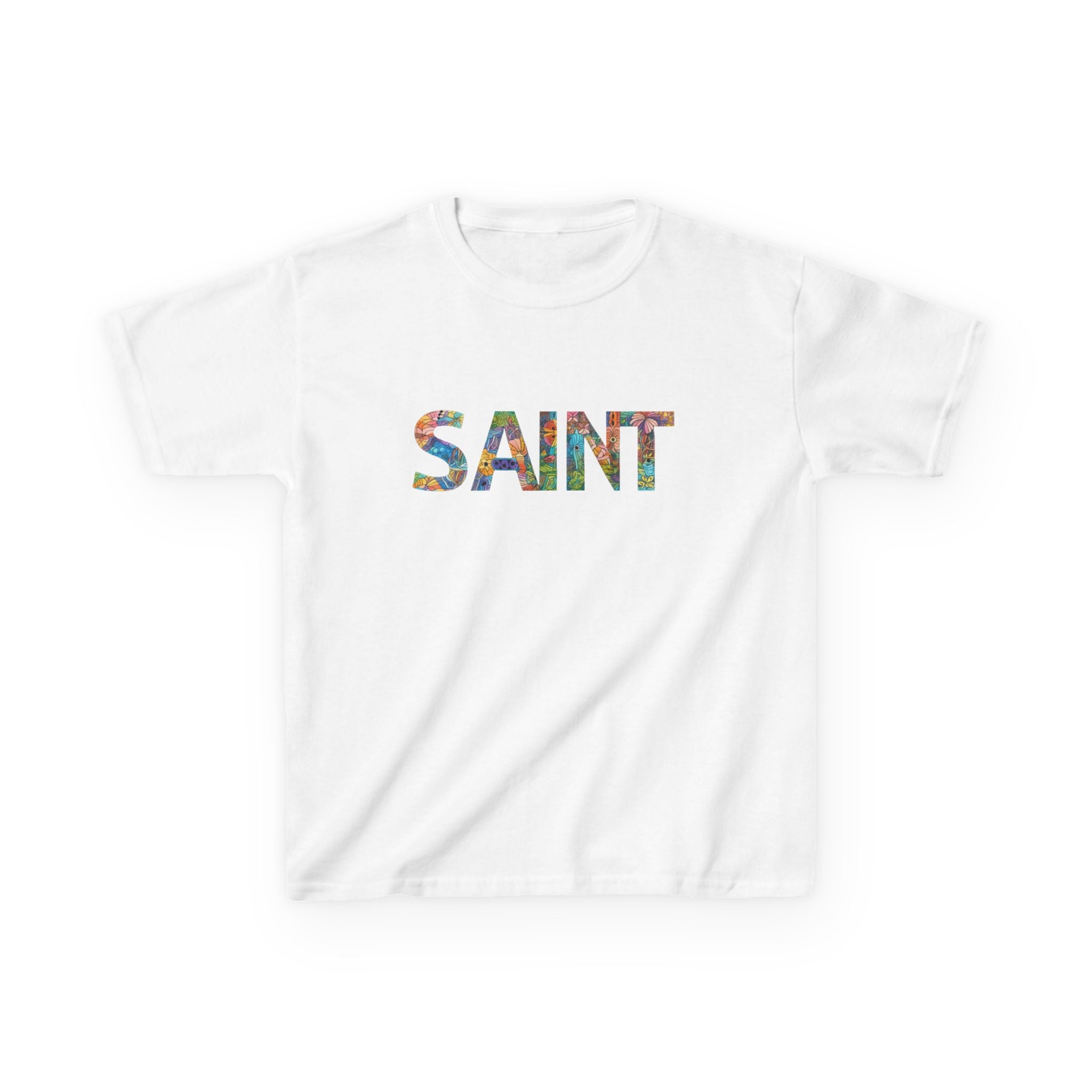 Girls Saint Kids T‑Shirt — Colorful Patterned Lettering Tee for Children