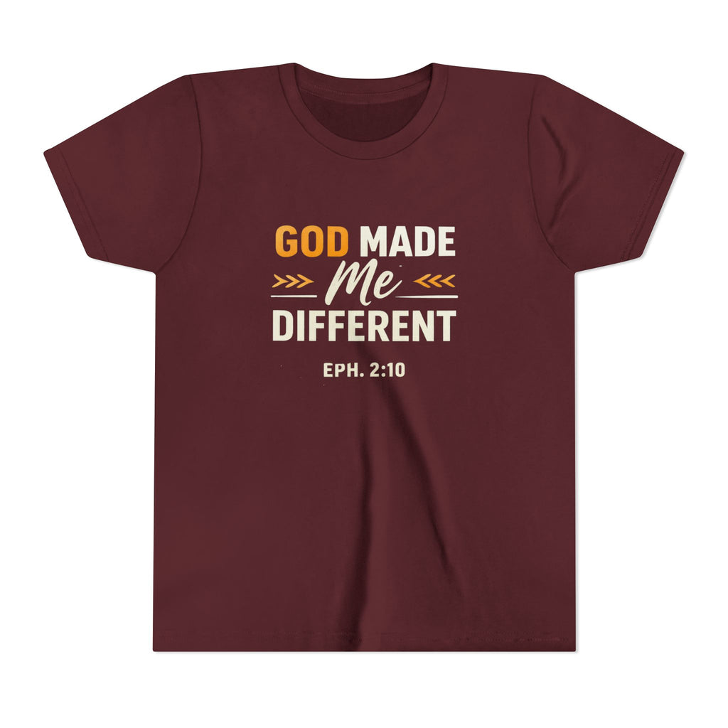 Girls Youth Tee – "God Made Me Different" Christian Kids T‑Shirt (Eph. 2:10)