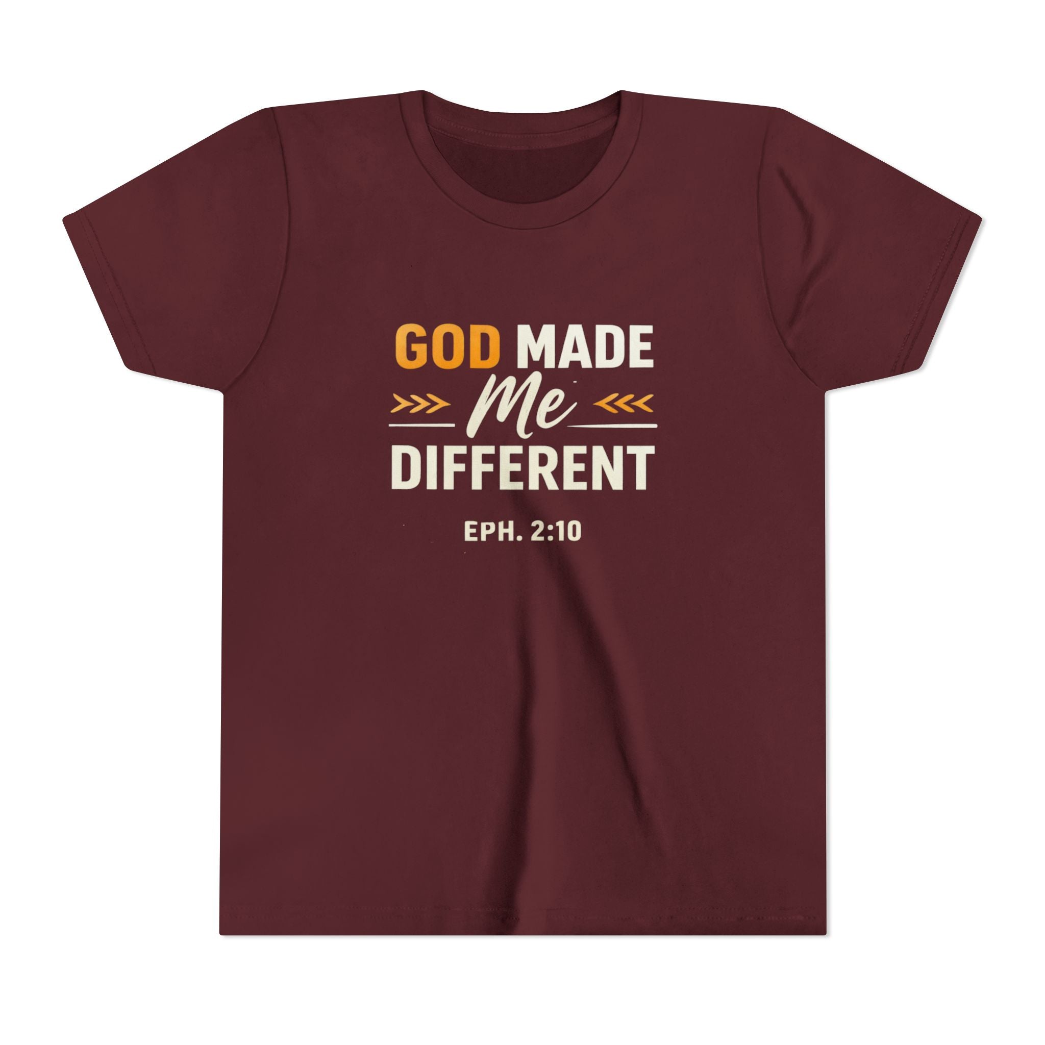 Girls Youth Tee – "God Made Me Different" Christian Kids T‑Shirt (Eph. 2:10)