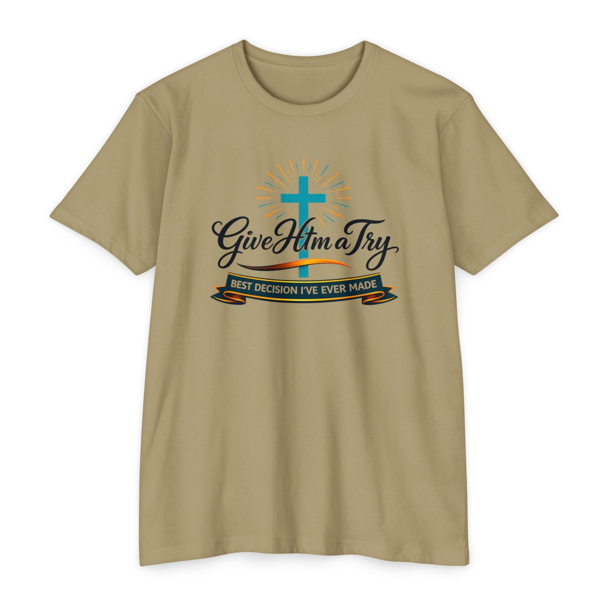 Womens Give Him a Try cross design T-Shirt | Christian faith shirt