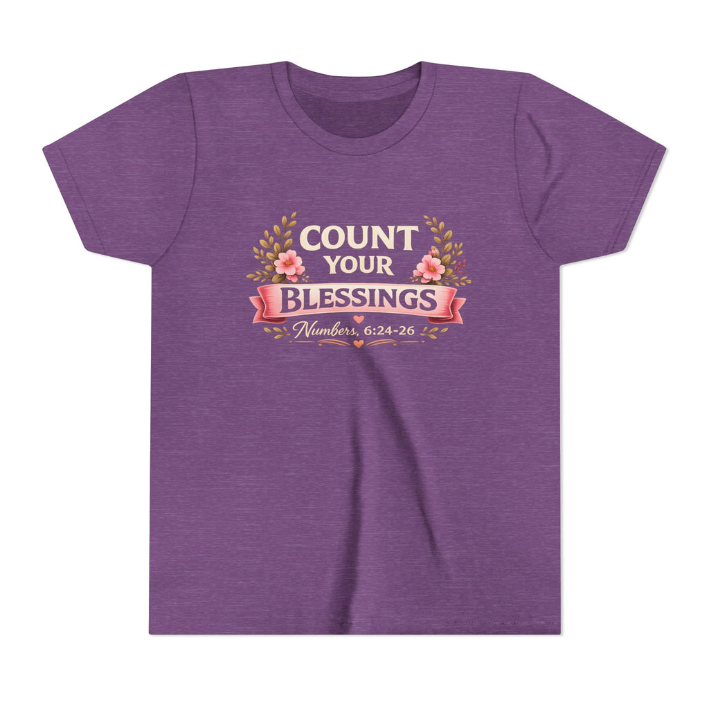 Girls Youth Tee - "Count Your Blessings" Floral Scripture Kids Shirt (Numbers 6:24-26)