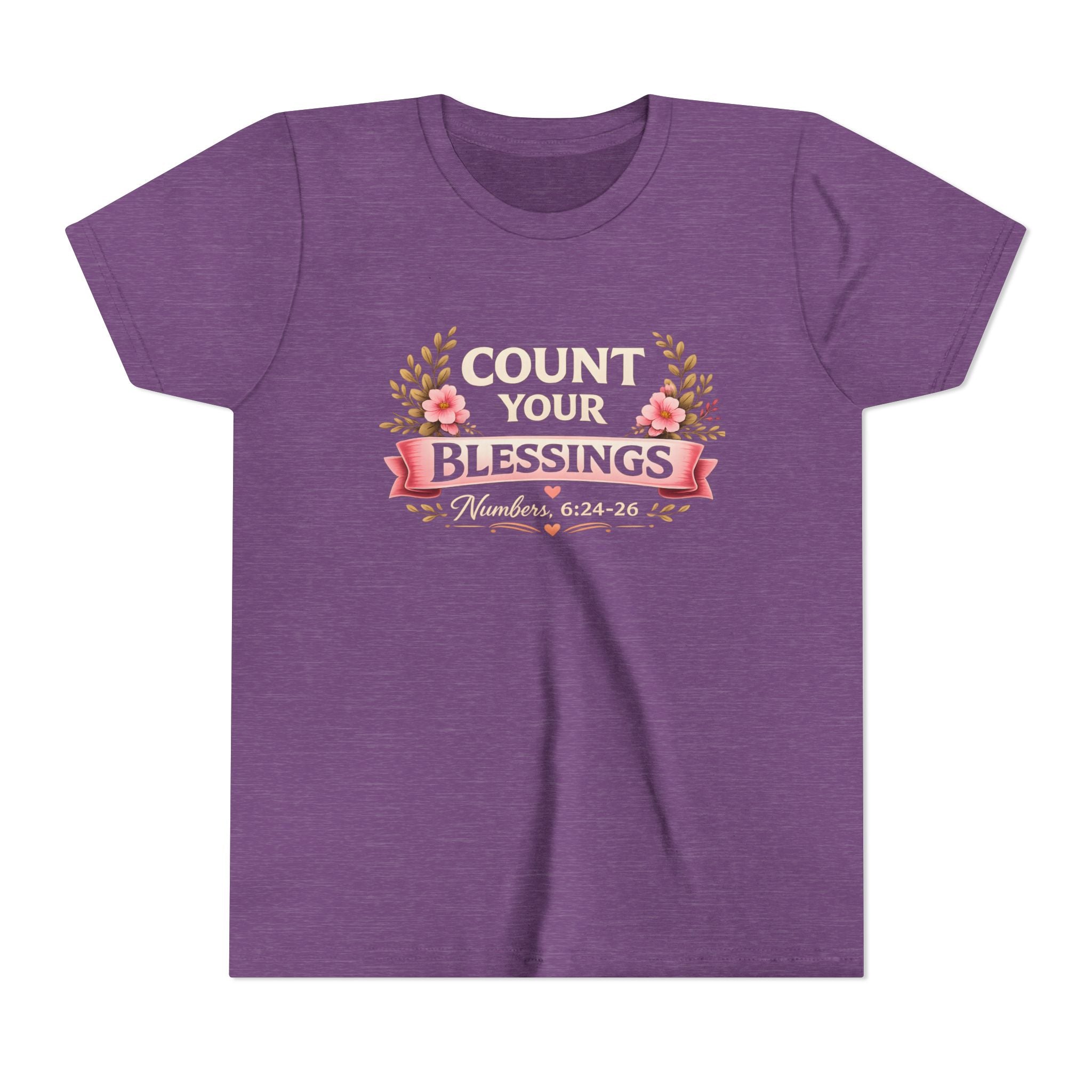 Girls Youth Tee - "Count Your Blessings" Floral Scripture Kids Shirt (Numbers 6:24-26)