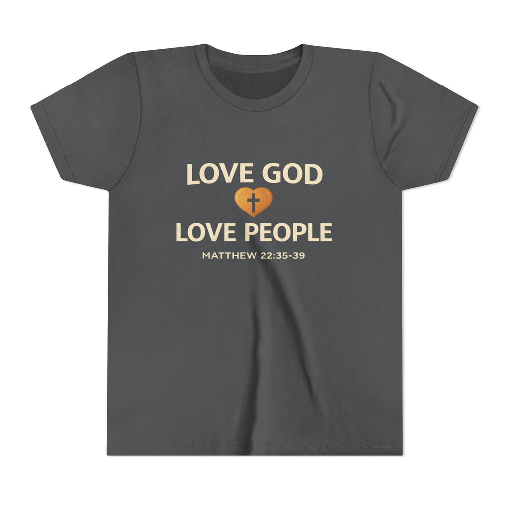 Girls Youth Tee — "Love God Love People" Bible Verse Matthew 22:37-39 Christian Kids Shirt