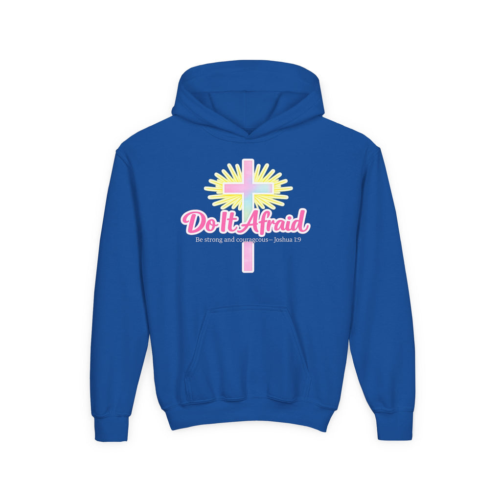Youth Hoodie — "Do It Afraid" Christian Cross Inspirational Sweatshirt (Joshua 1:9)