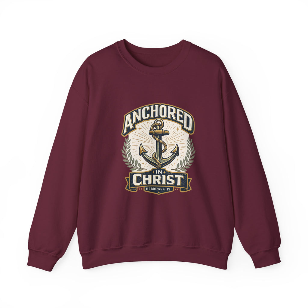 Womens Anchored in Christ Crewneck Sweatshirt — Christian Anchor Faith Pullover