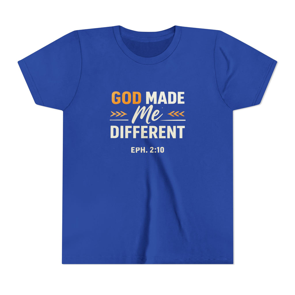 Girls Youth Tee – "God Made Me Different" Christian Kids T‑Shirt (Eph. 2:10)