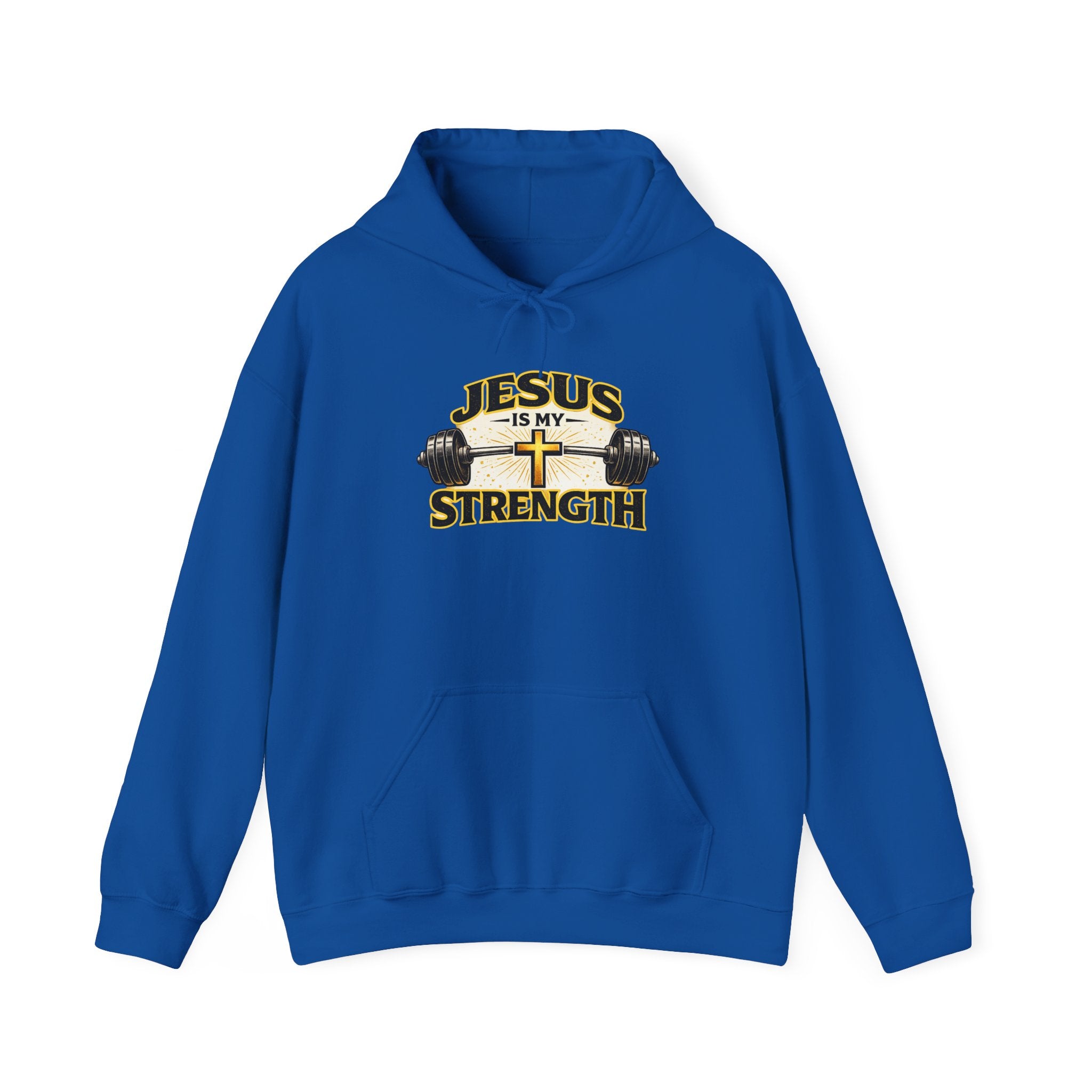Mens Jesus Is My Strength Hoodie — Christian Faith Cross & Barbell Pullover