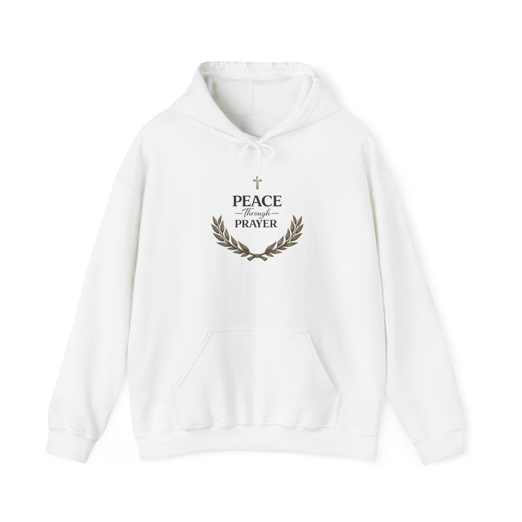 Mens Hoodie "Peace Through Prayer" Religious Laurel Cross Hoodie