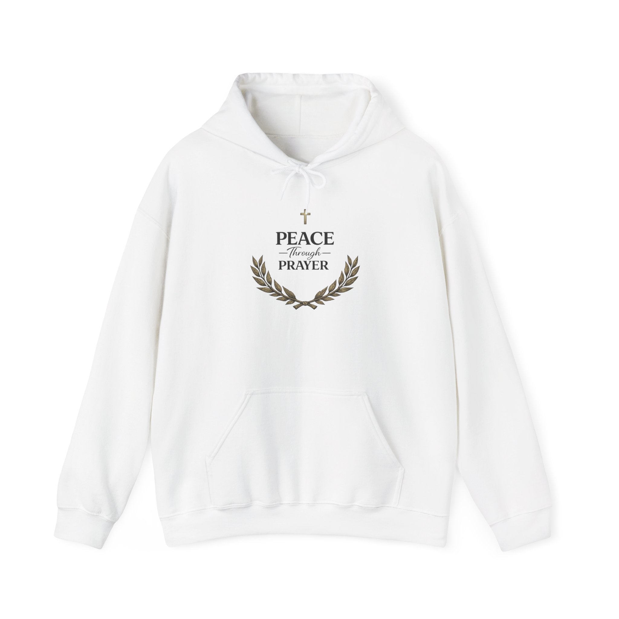 Mens Hoodie "Peace Through Prayer" Religious Laurel Cross Hoodie