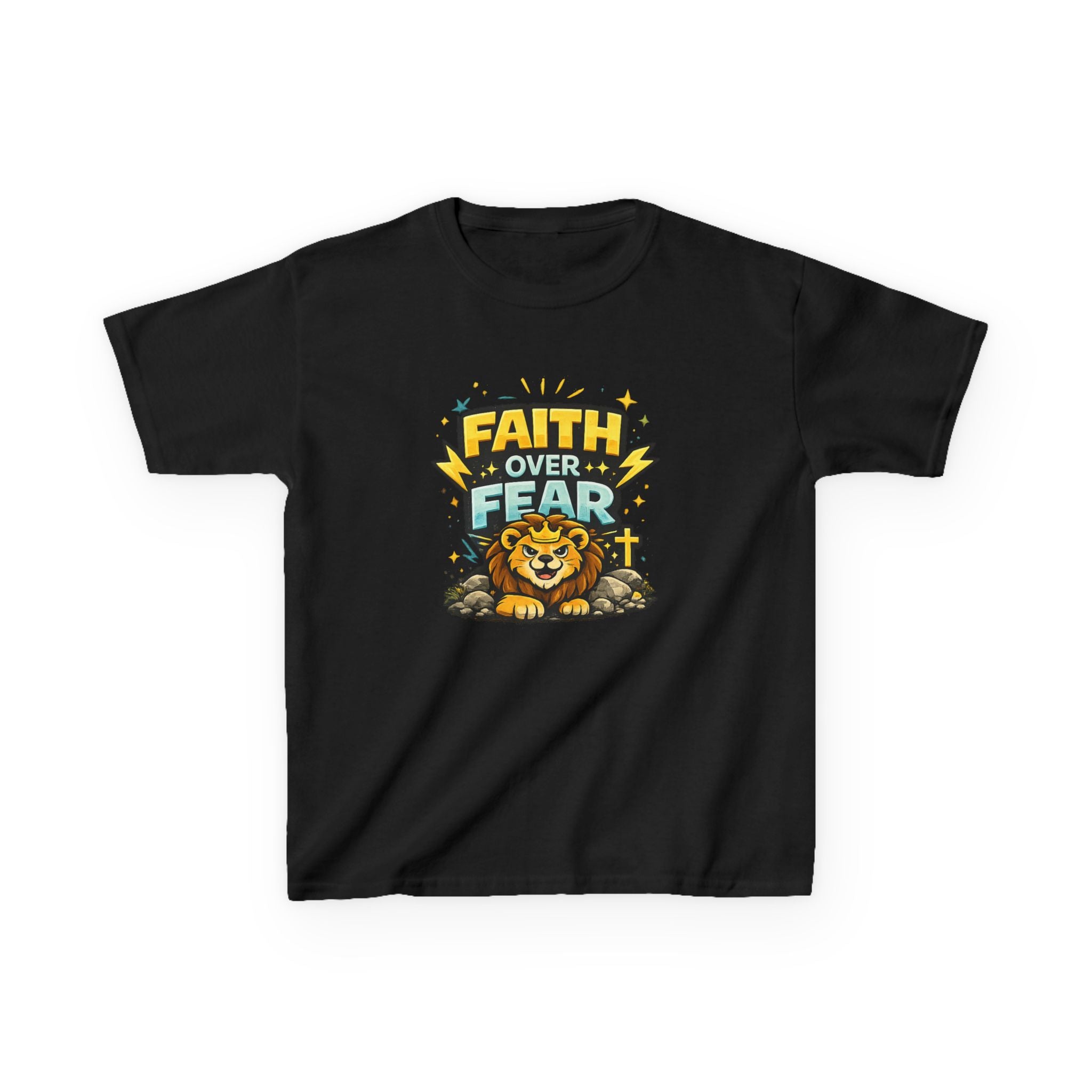 Kids Tee — "Faith Over Fear" Lion Graphic Christian Shirt