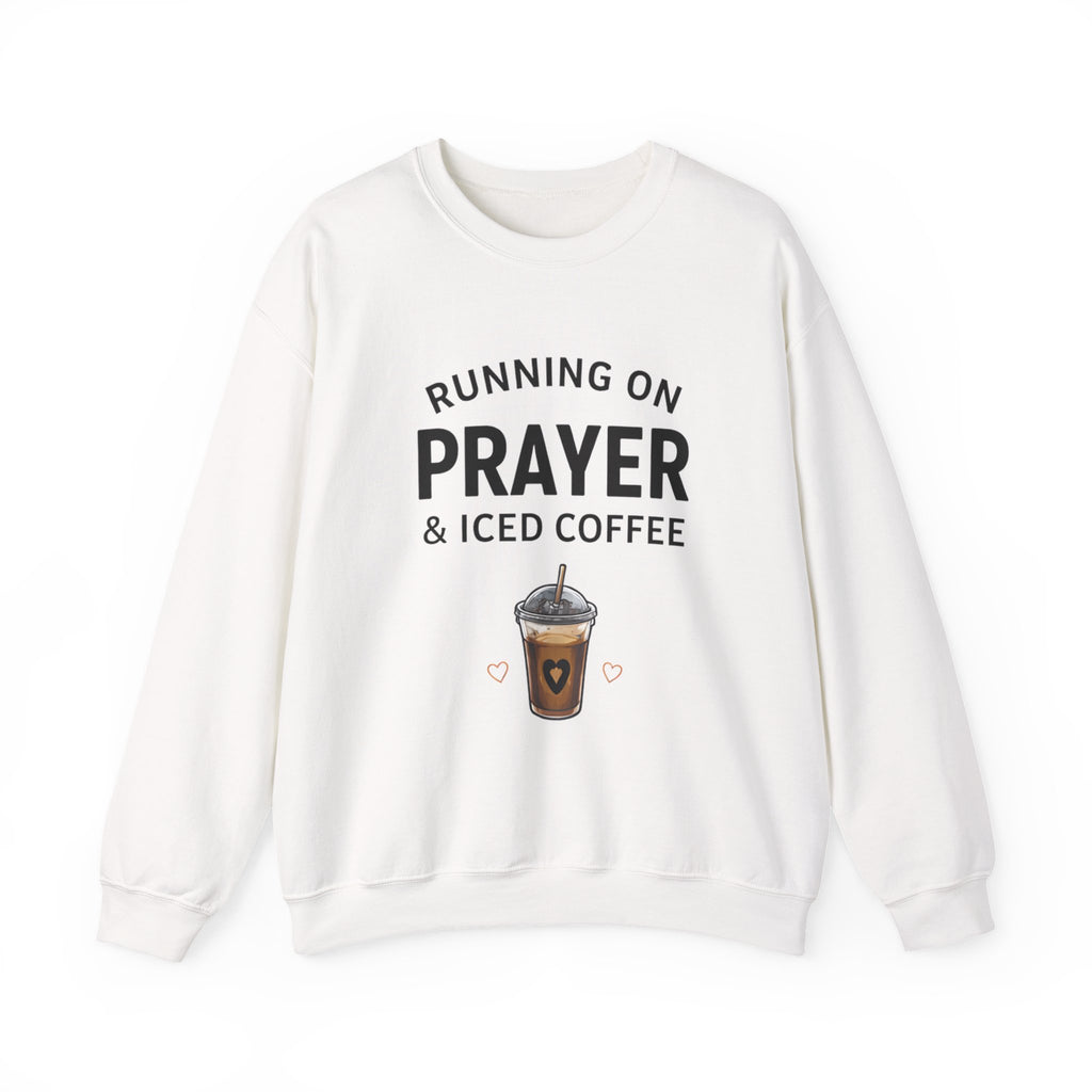 Womens Sweatshirt – "Running on Prayer & Iced Coffee" Crewneck