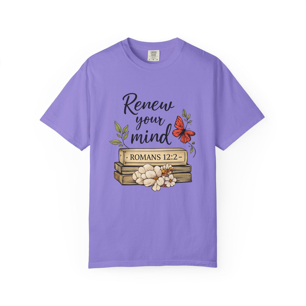 Renew Your Mind T-Shirt – Romans 12:2 Floral Butterfly Christian Tee
