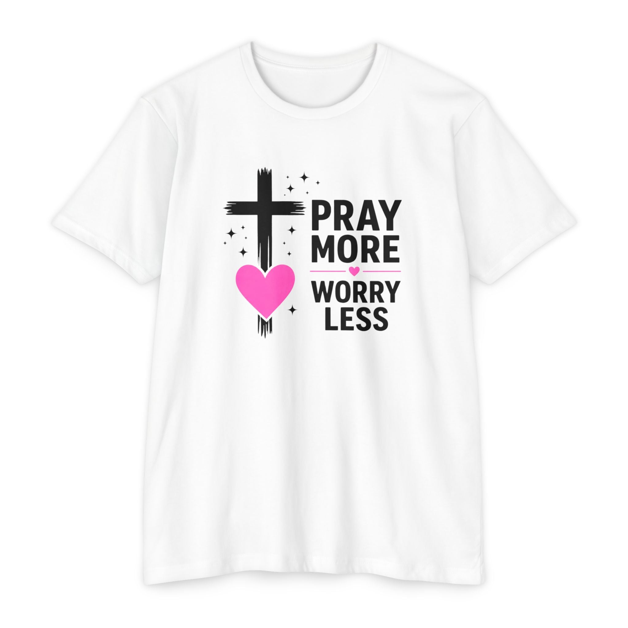 Womens Pray More Worry Less Heart  T-shirt | Faith Christian tee
