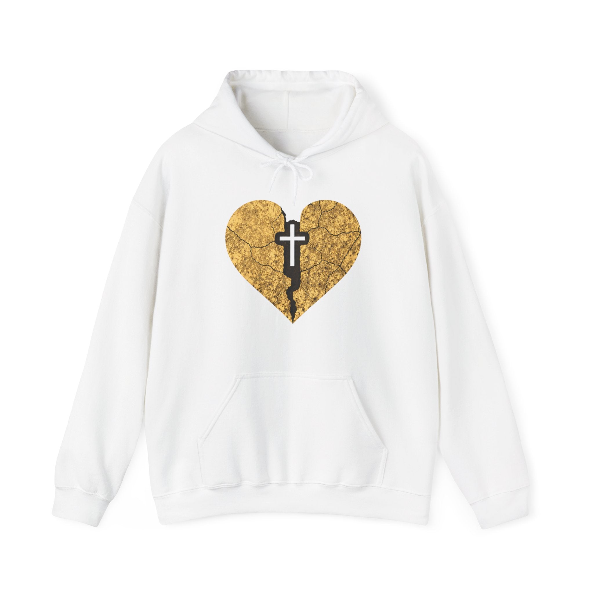 Mens Broken Gold Heart Cross Hoodie — Christian Faith Graphic Sweatshirt